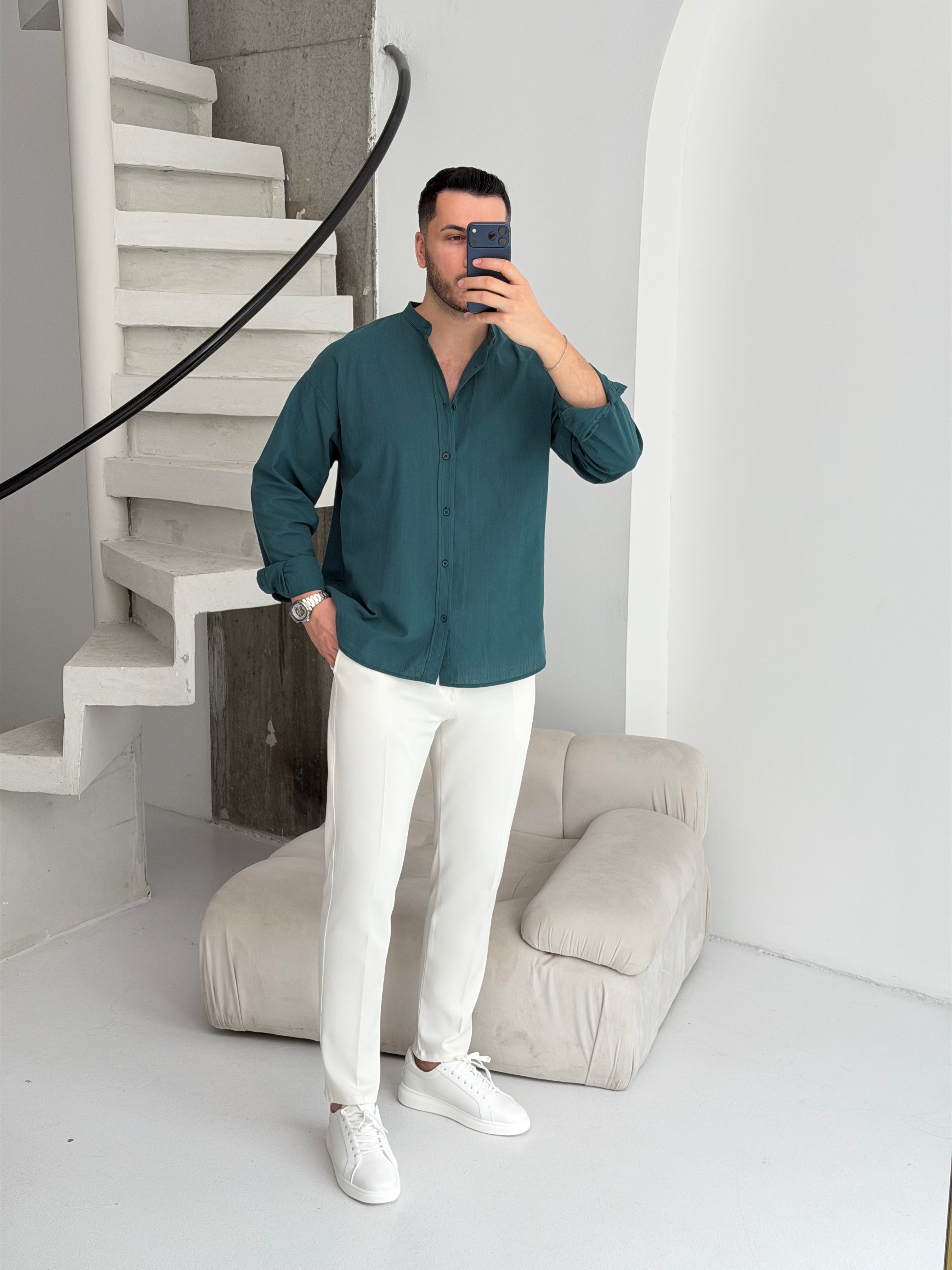 Hakim Yaka  Zümrüt Oversize Keten Gömlek