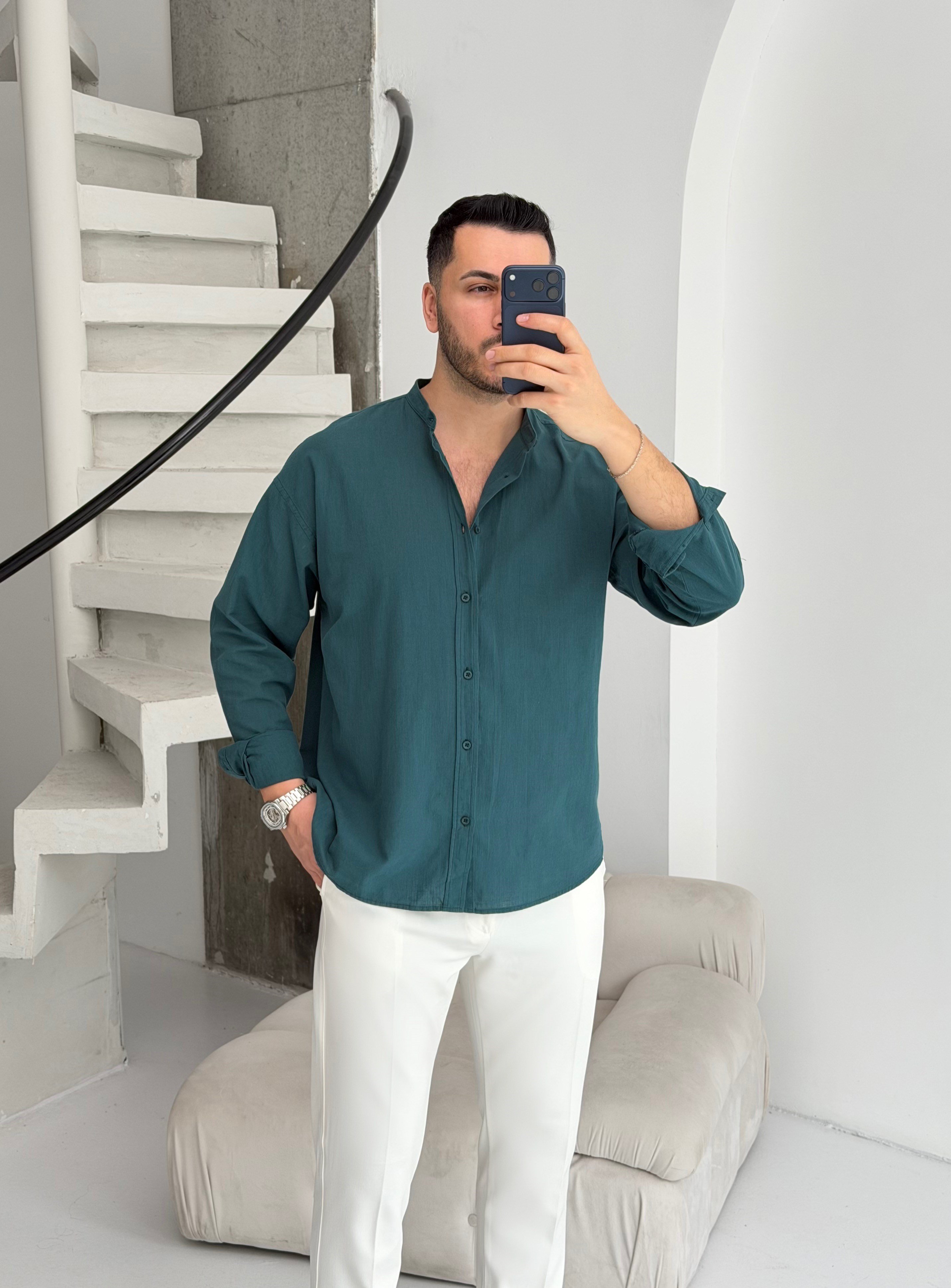 Hakim Yaka  Zümrüt Oversize Keten Gömlek