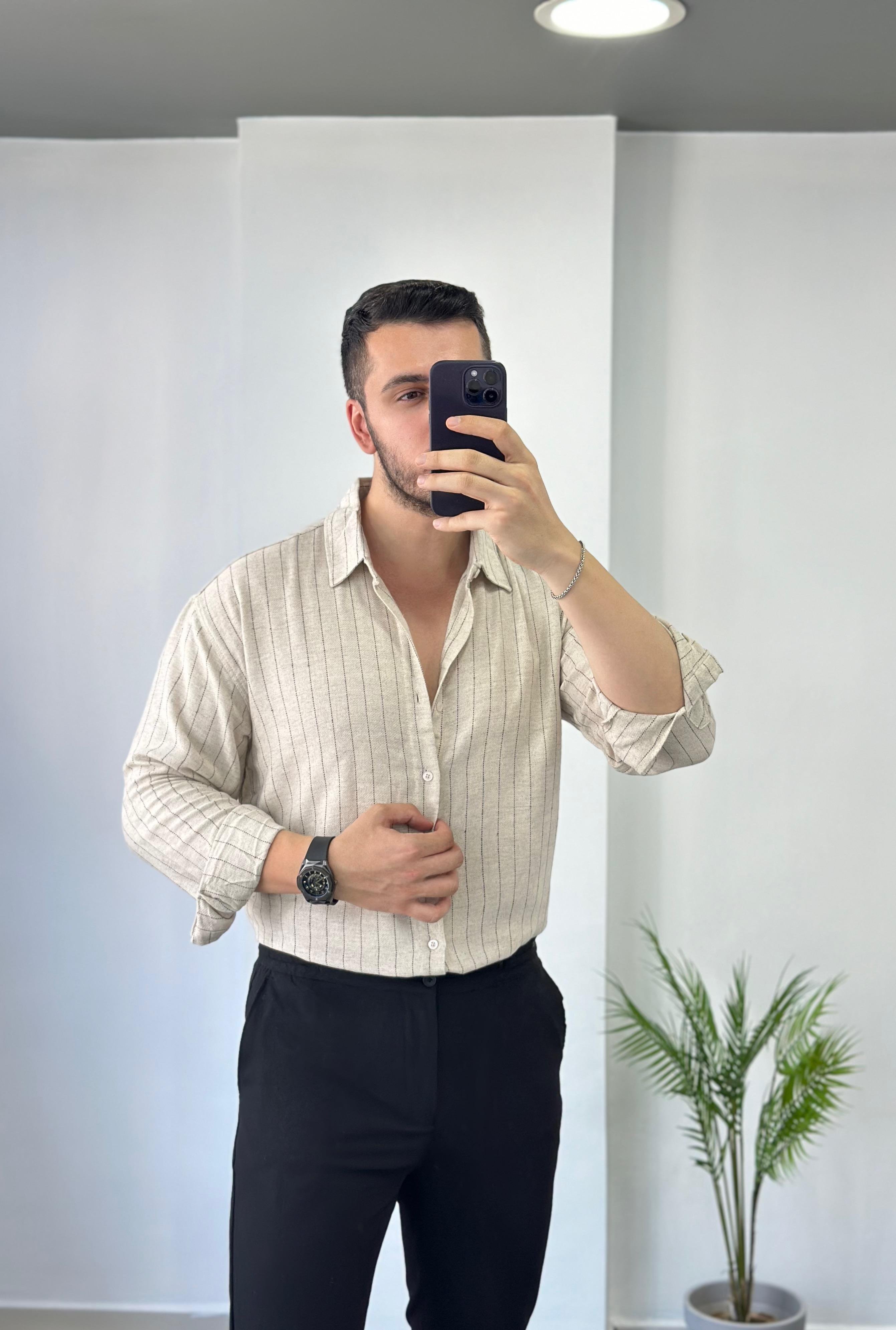 Ham Keten Bej Çizgili Oversize Gömlek 