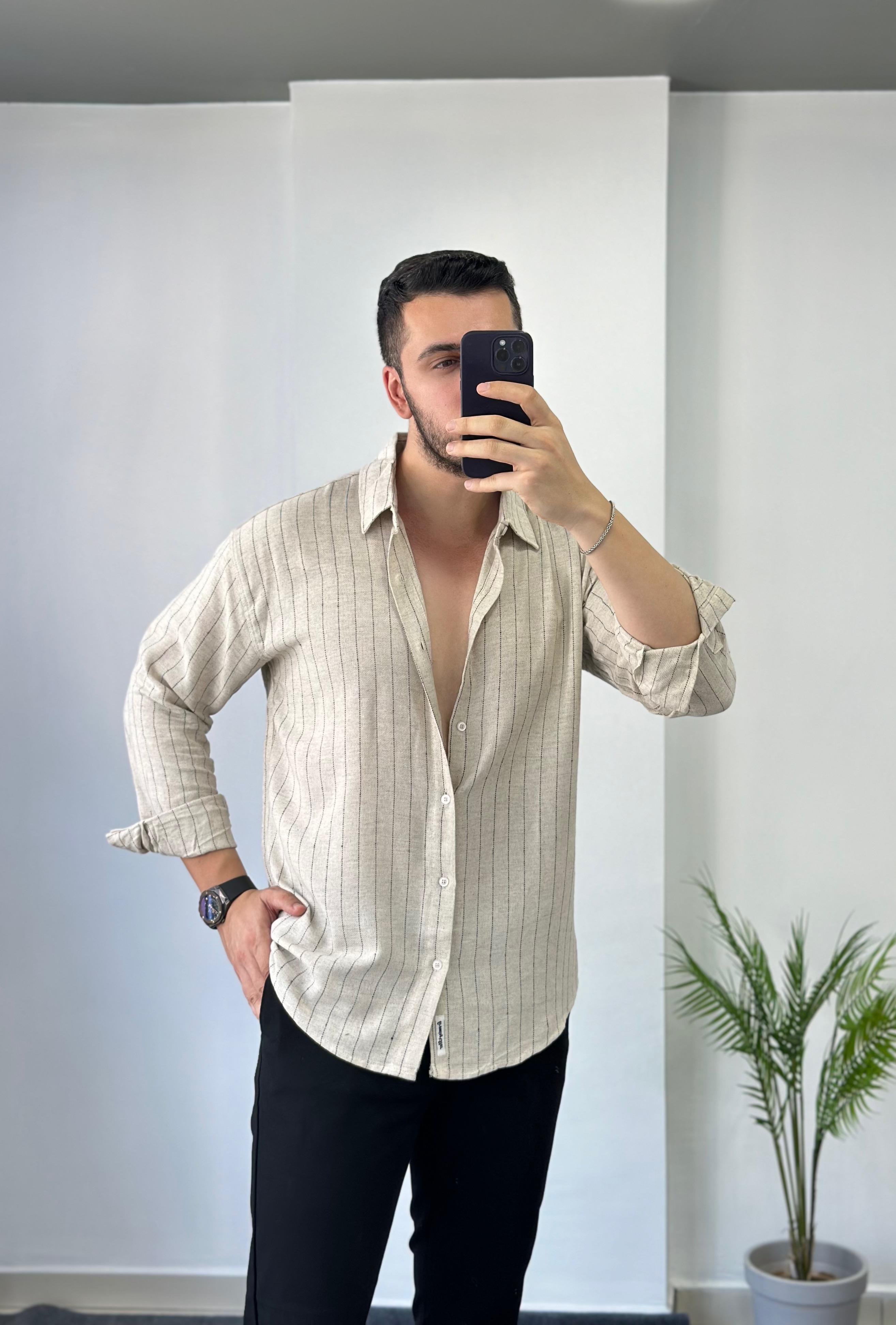 Ham Keten Bej Çizgili Oversize Gömlek 