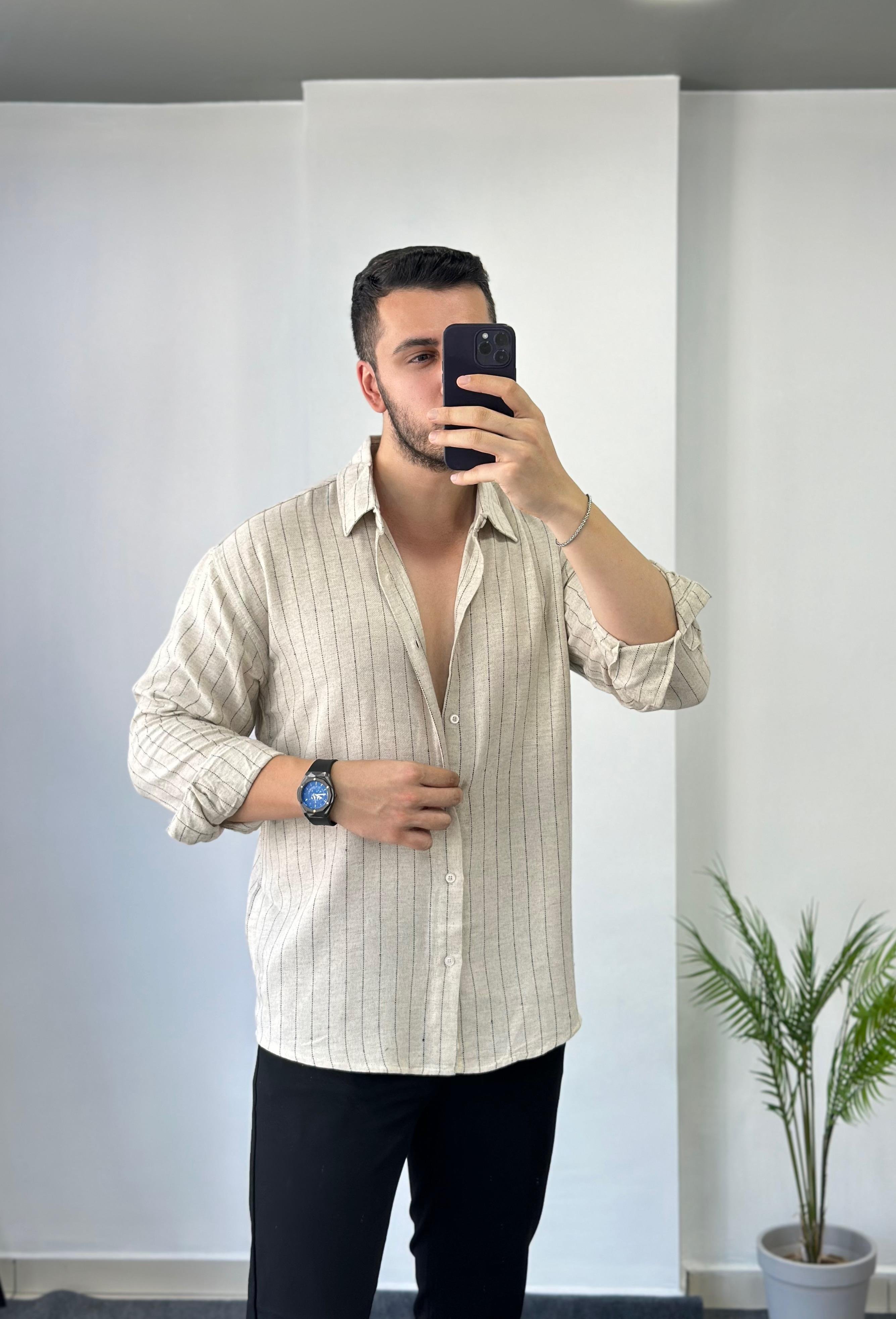 Ham Keten Bej Çizgili Oversize Gömlek 