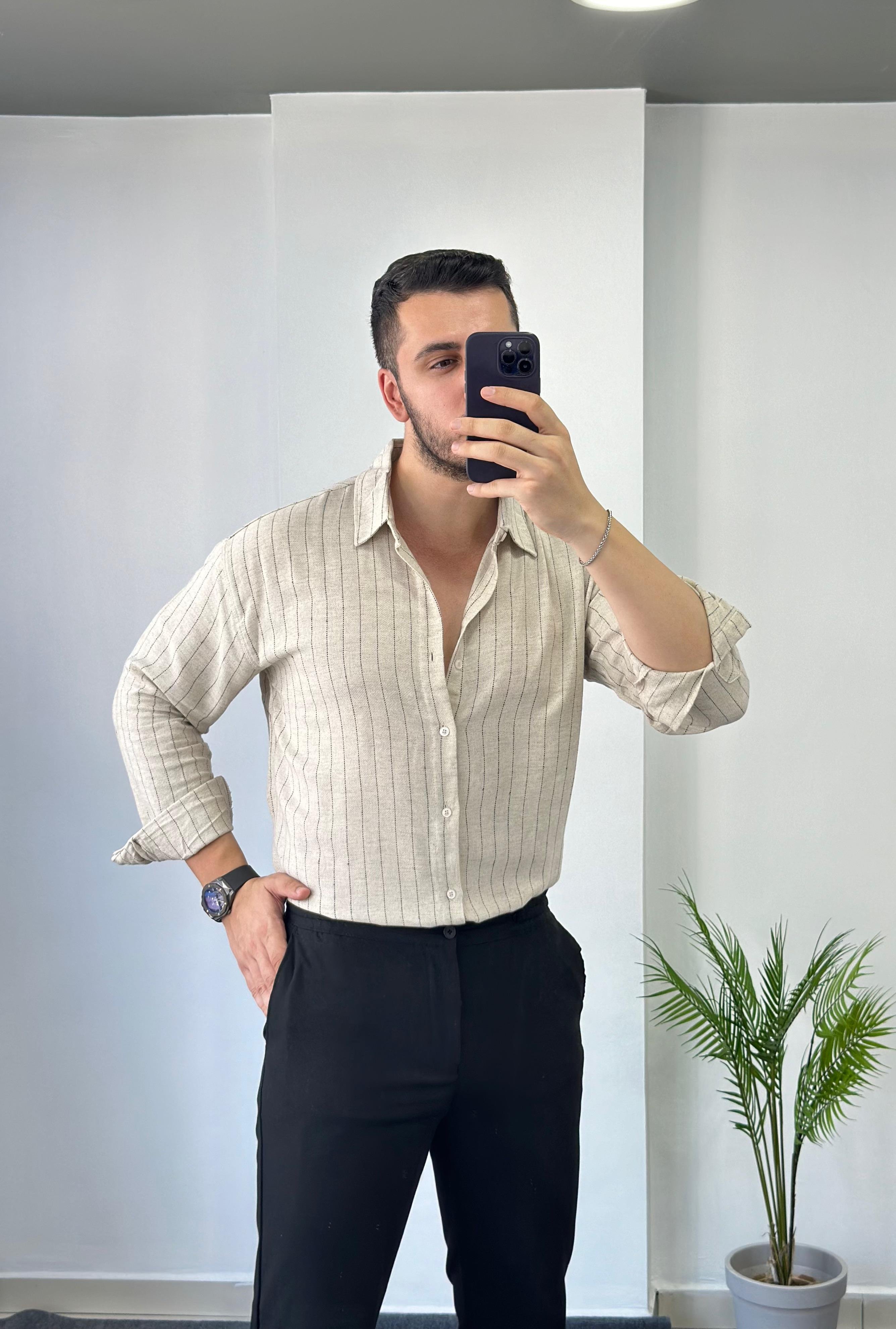Ham Keten Bej Çizgili Oversize Gömlek 