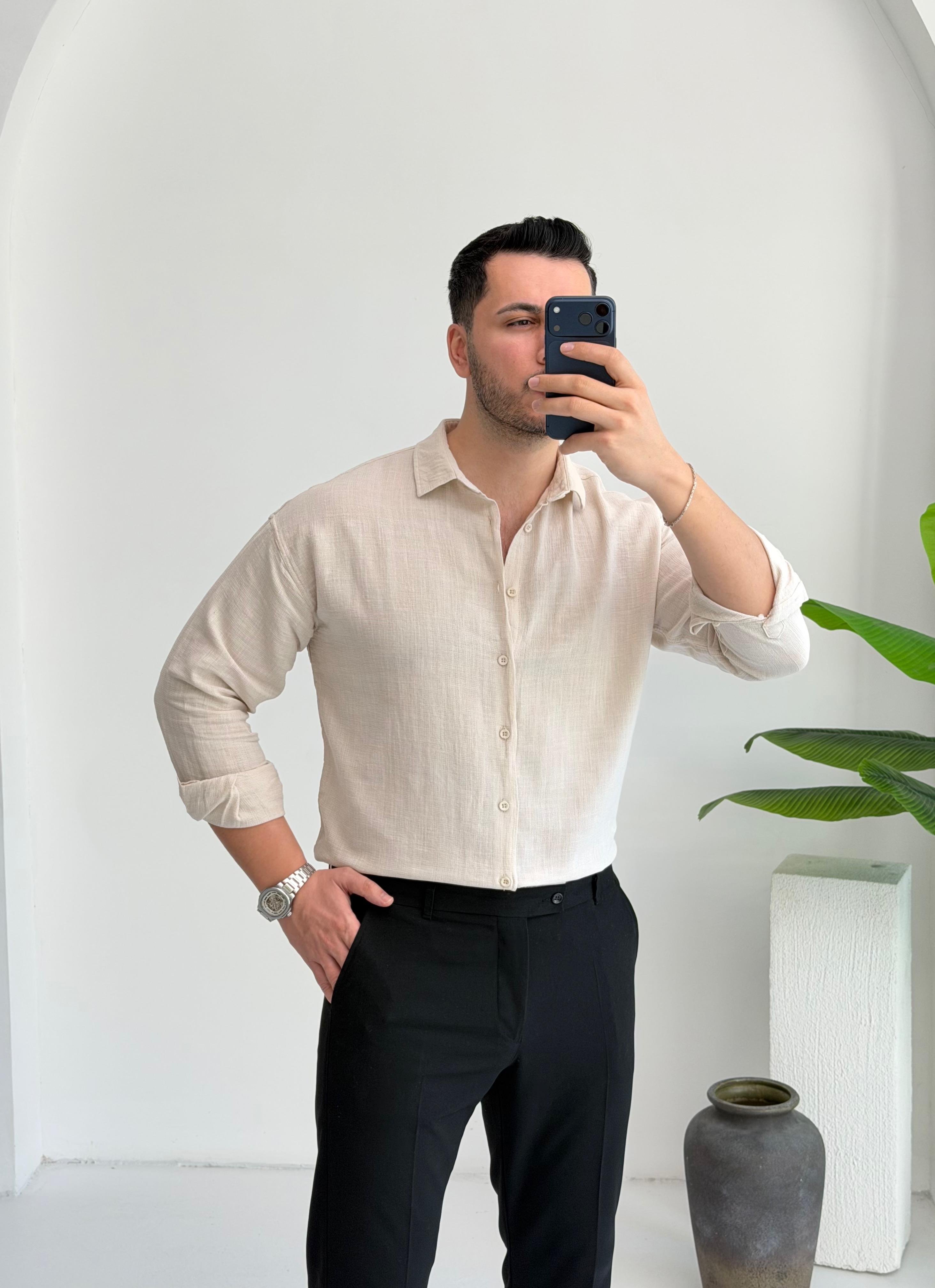 Ham Keten Bej Oversize Gömlek