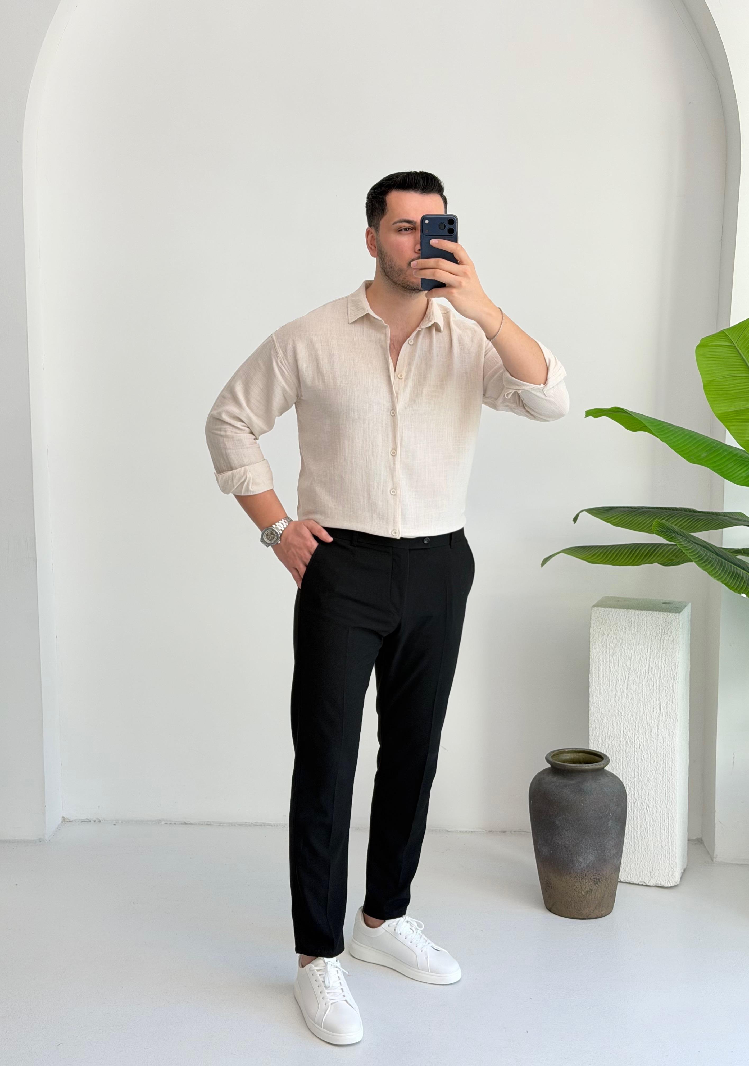 Ham Keten Bej Oversize Gömlek