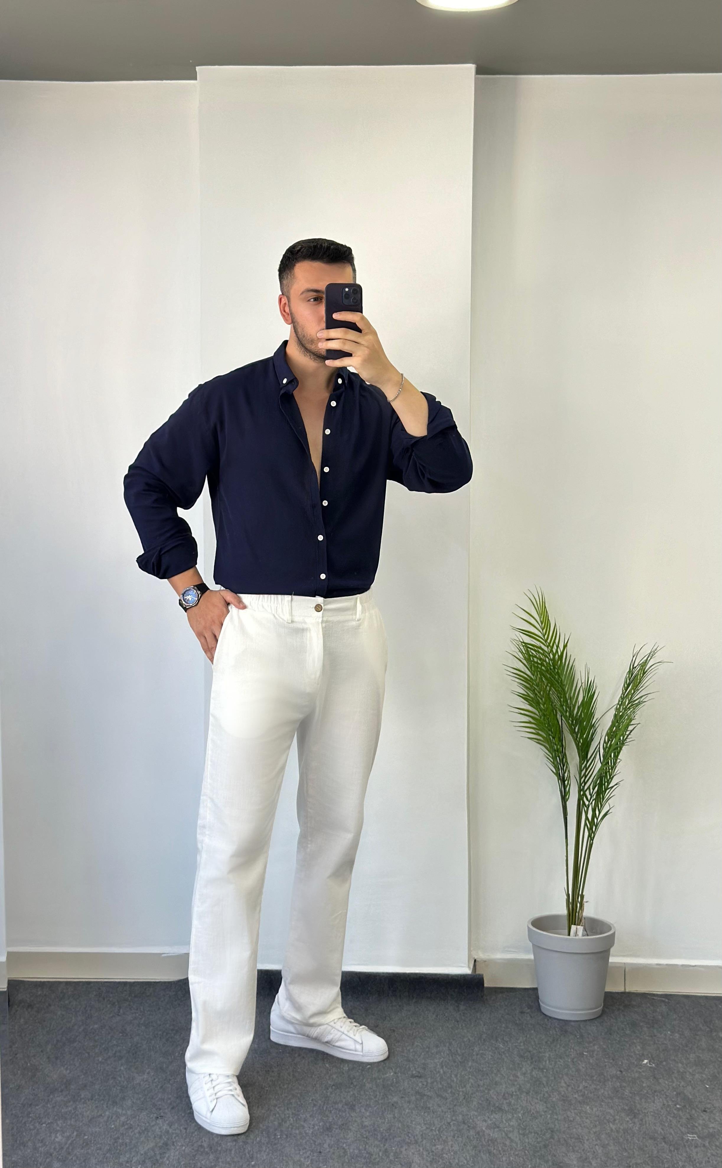 Ham Keten Beyaz Baggy Pantolon 