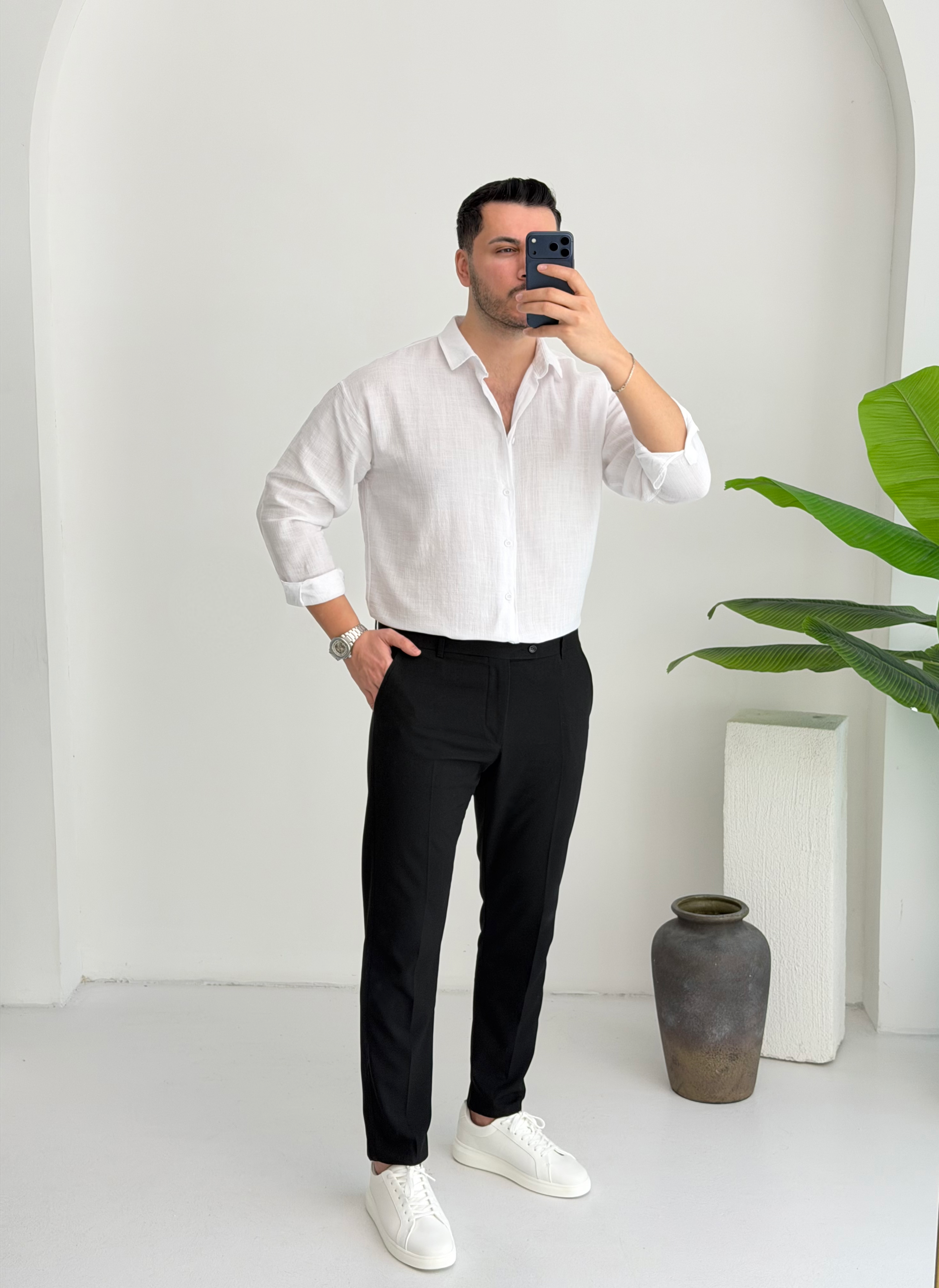 Ham Keten Beyaz Oversize Gömlek