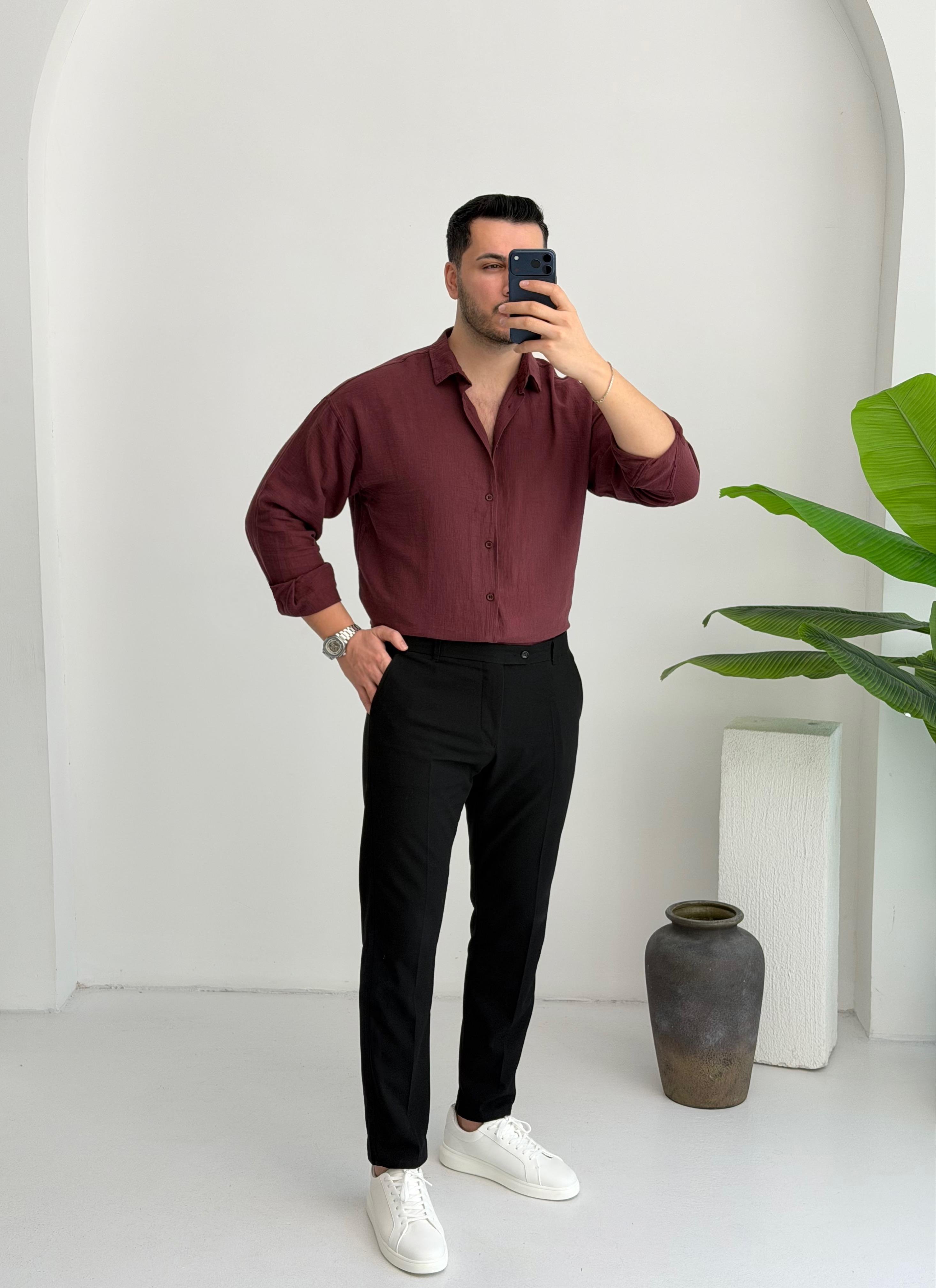 Ham Keten Bordo Oversize Gömlek