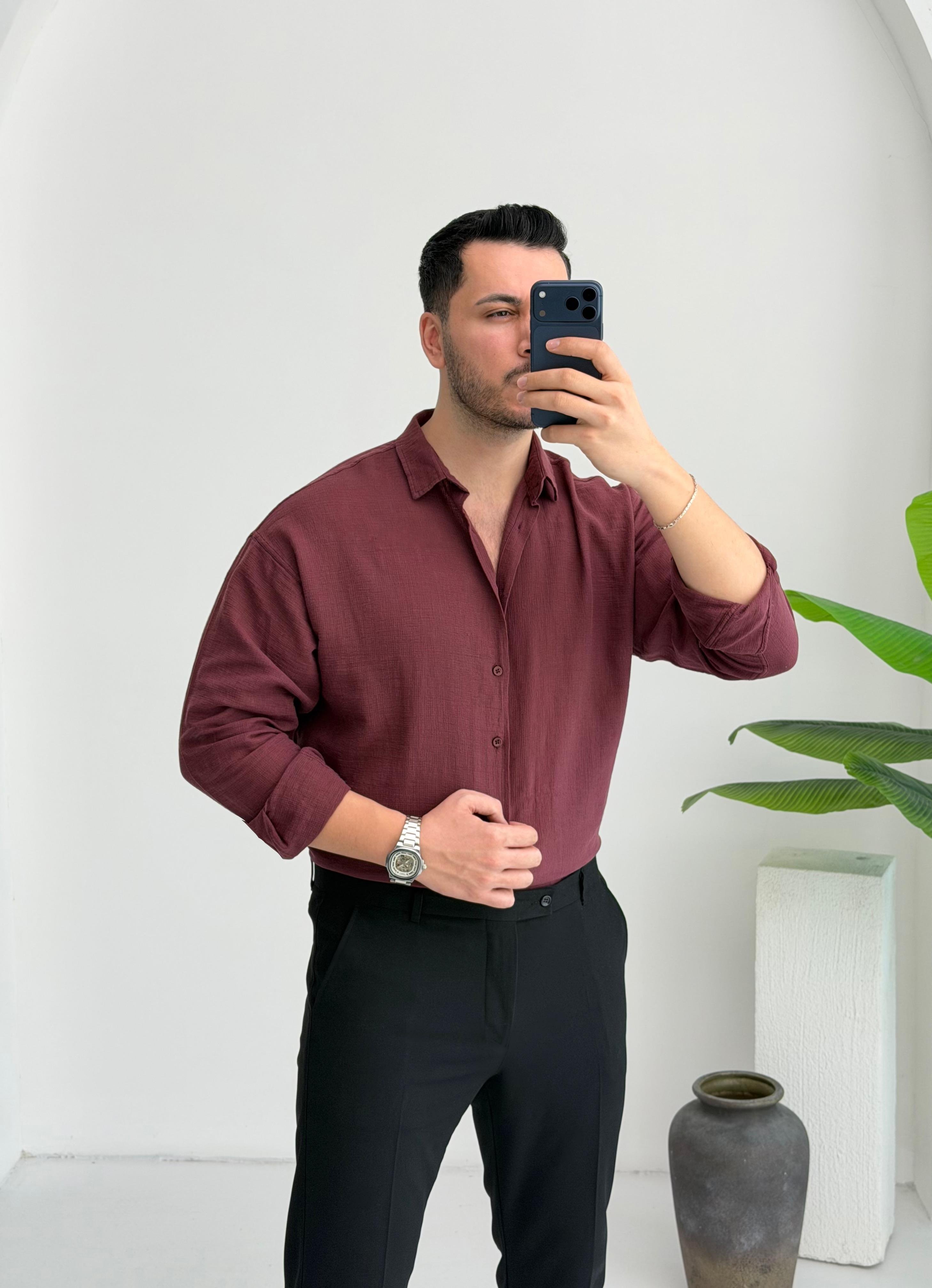Ham Keten Bordo Oversize Gömlek