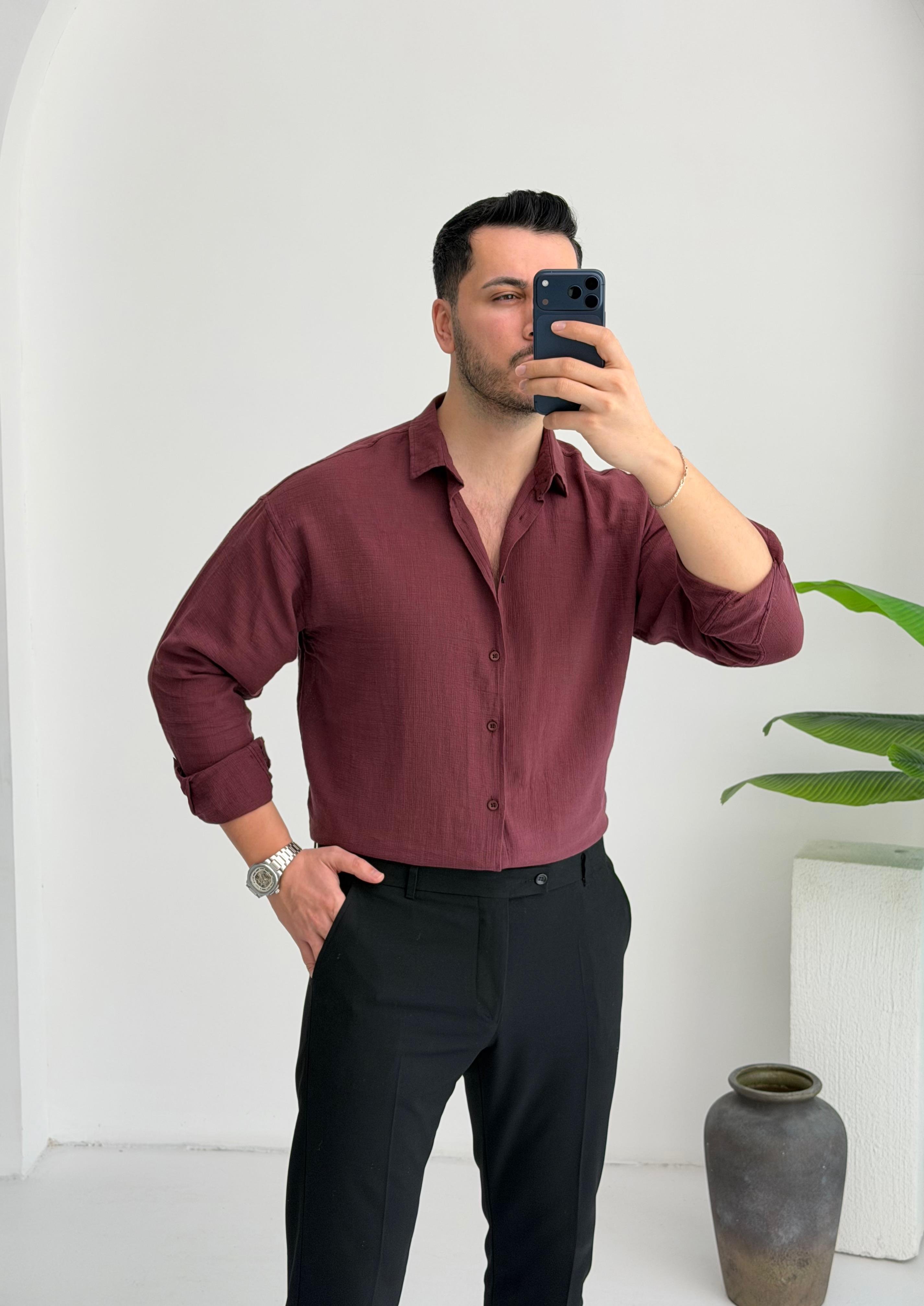 Ham Keten Bordo Oversize Gömlek