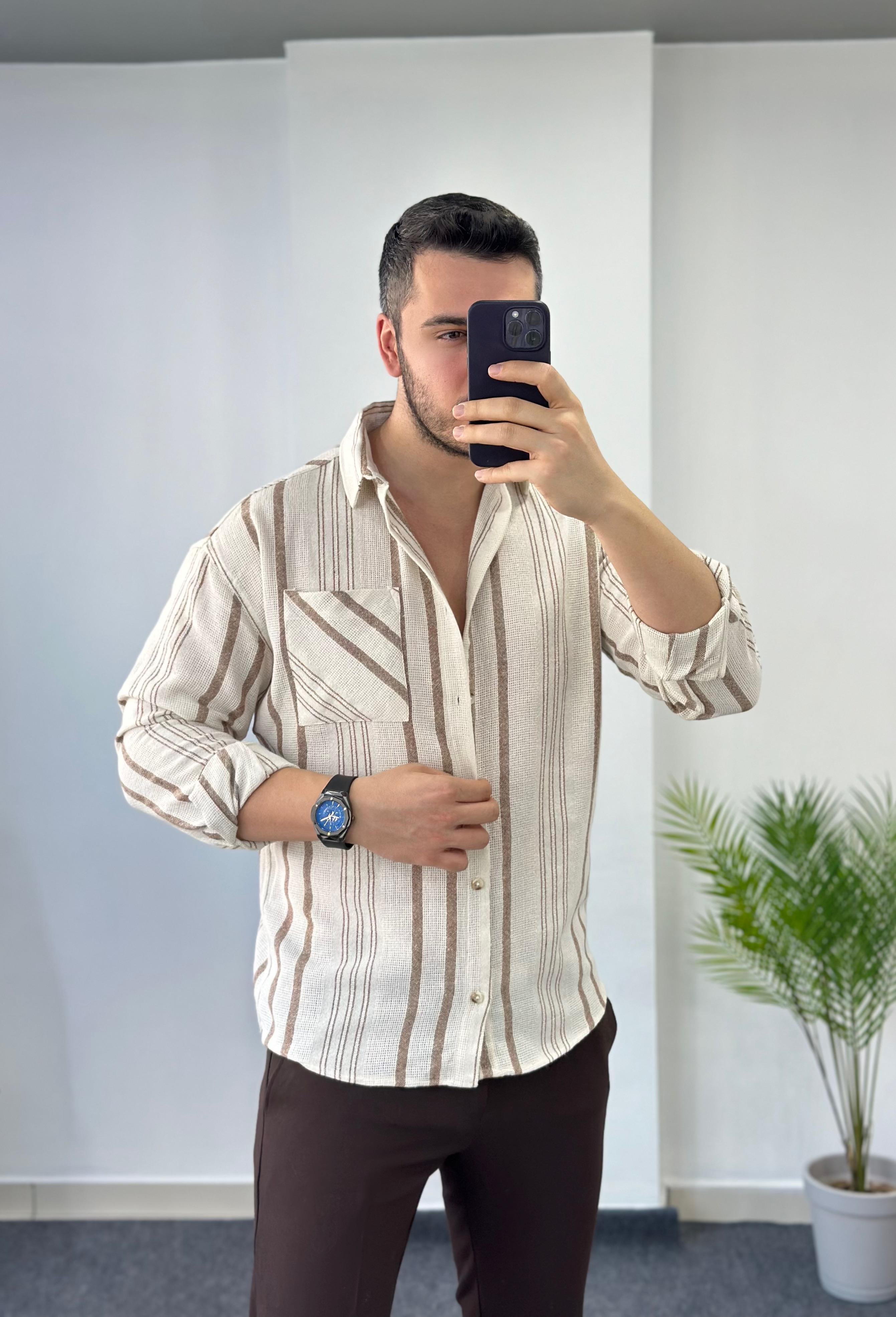 Ham Keten Kahve Çizgili Oversize  Gömlek