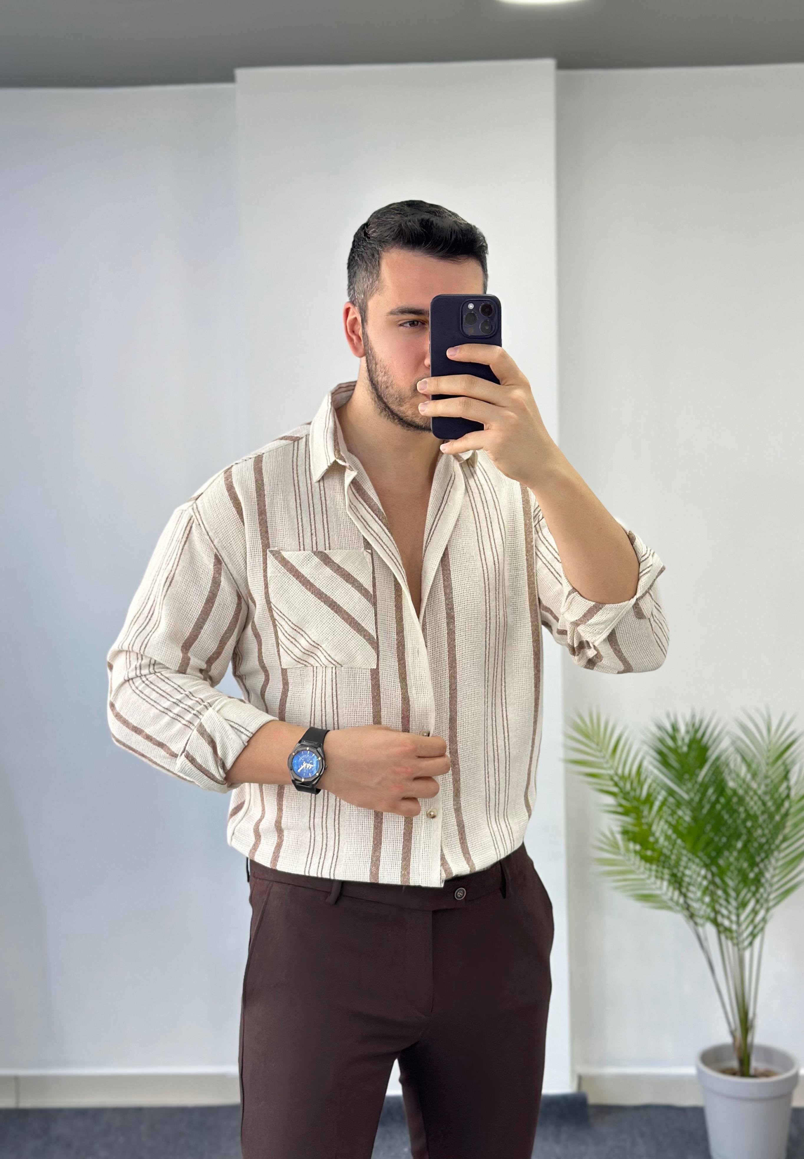 Ham Keten Kahve Çizgili Oversize  Gömlek