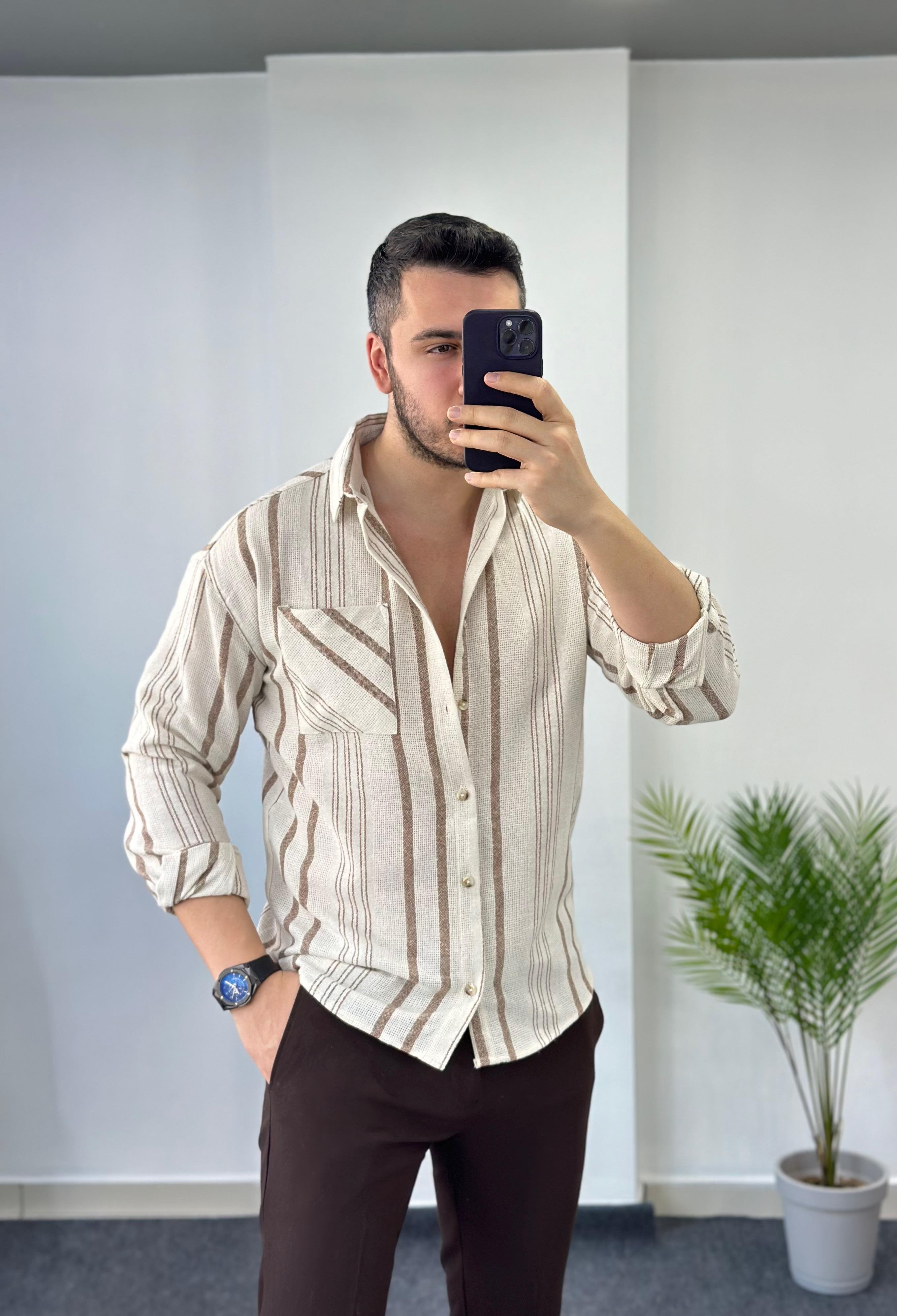 Ham Keten Kahve Çizgili Oversize  Gömlek