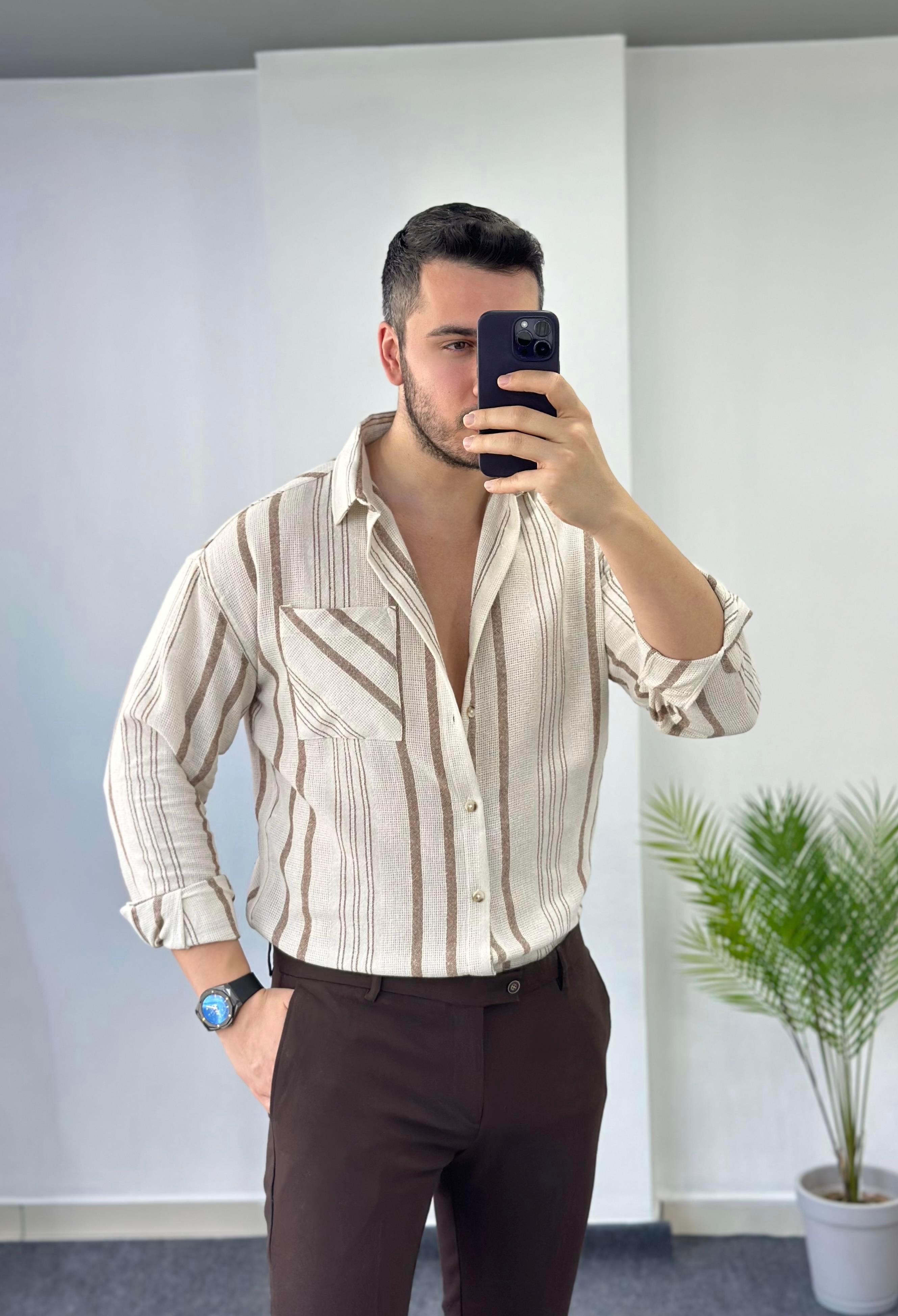 Ham Keten Kahve Çizgili Oversize  Gömlek