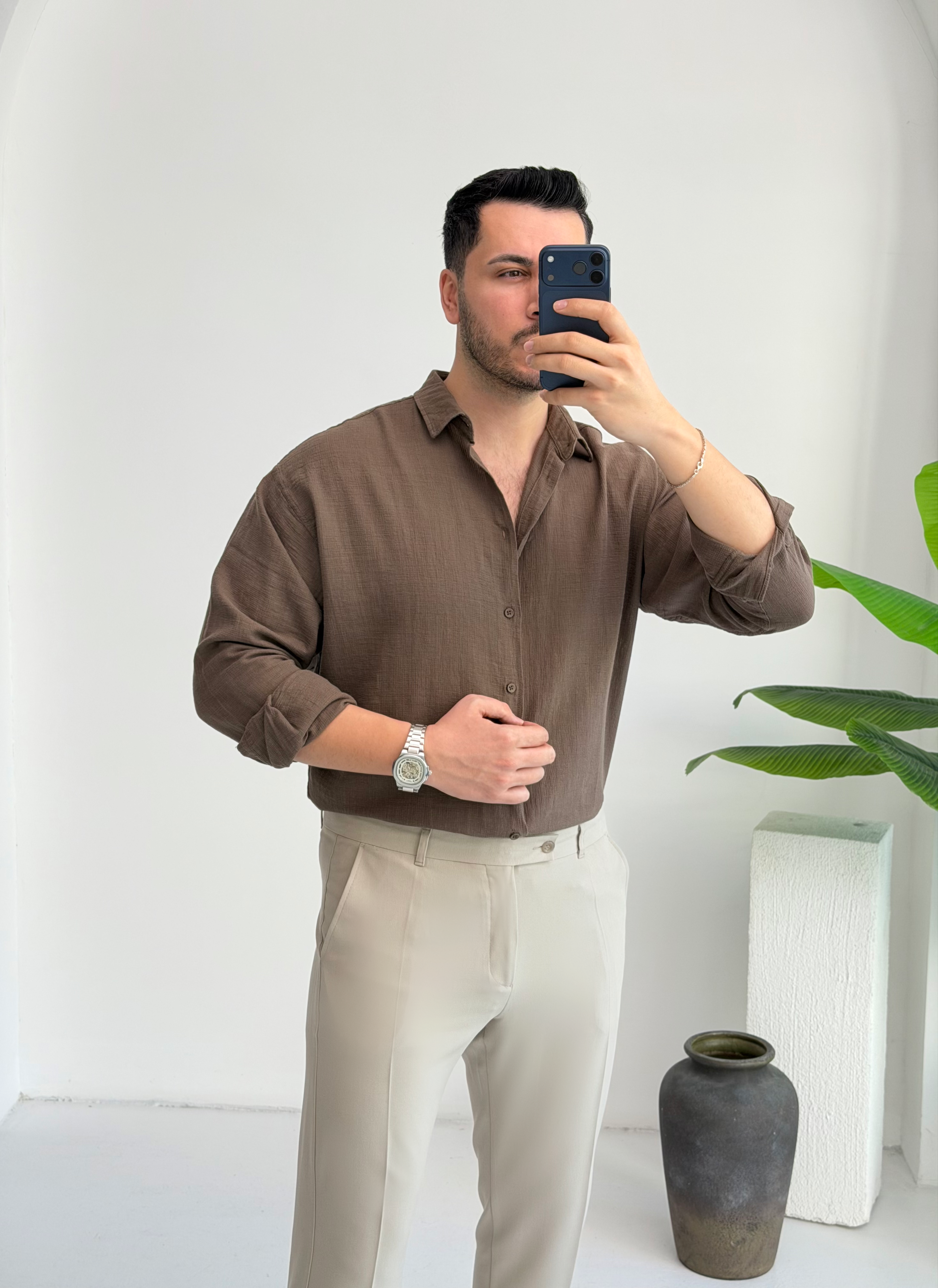 Ham Keten Kahve Oversize Gömlek