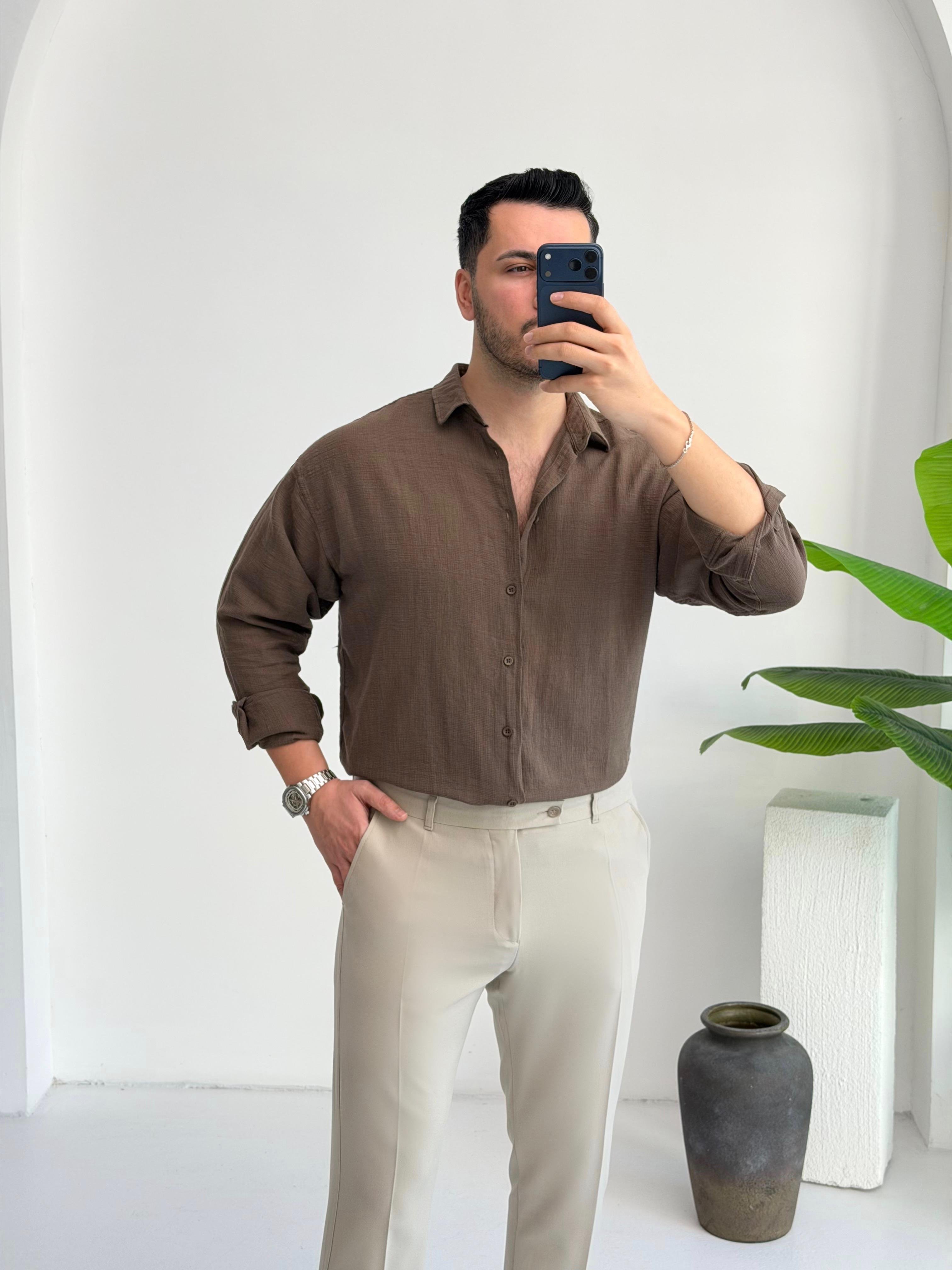 Ham Keten Kahve Oversize Gömlek