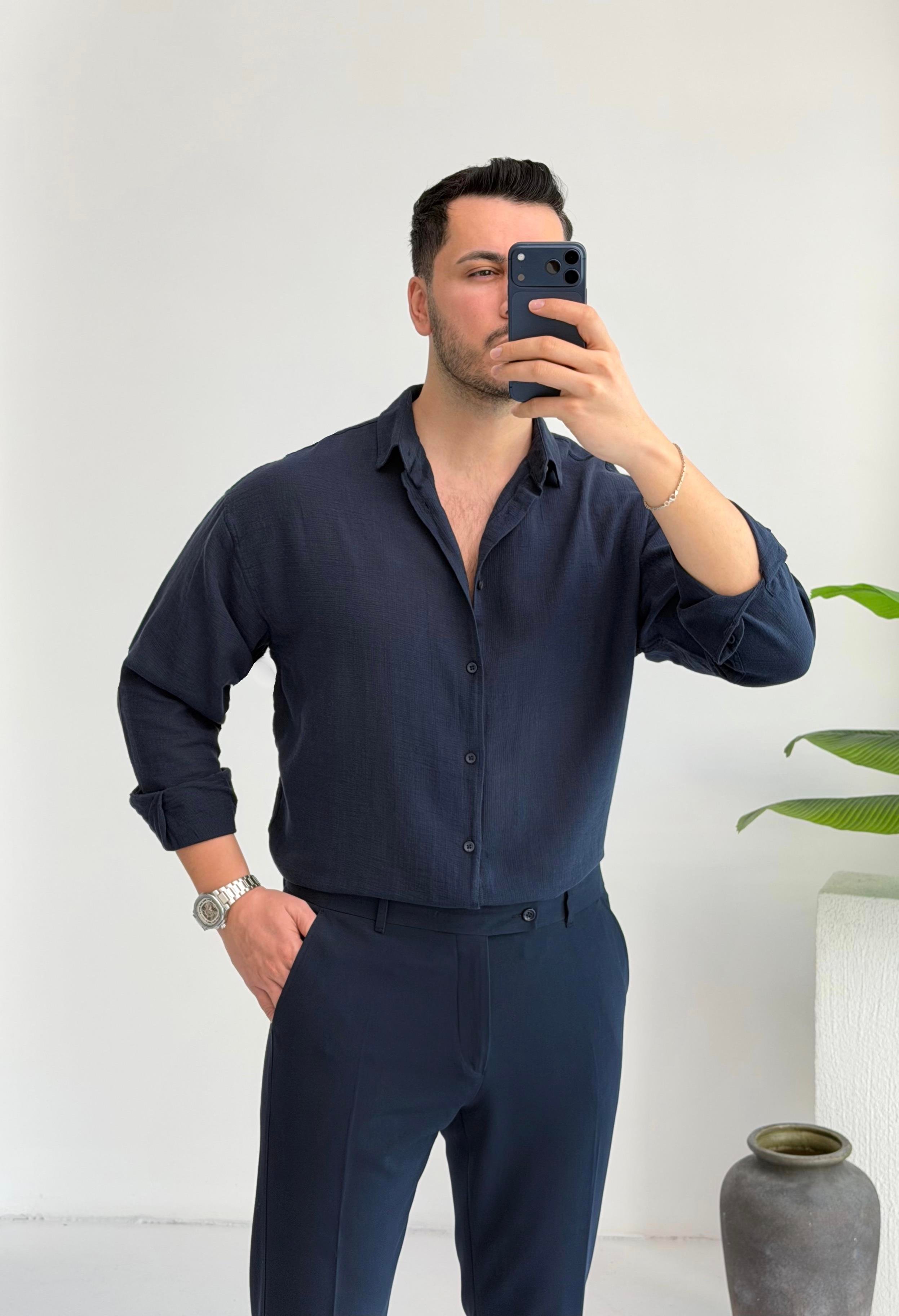 Ham Keten Lacivert Oversize Gömlek