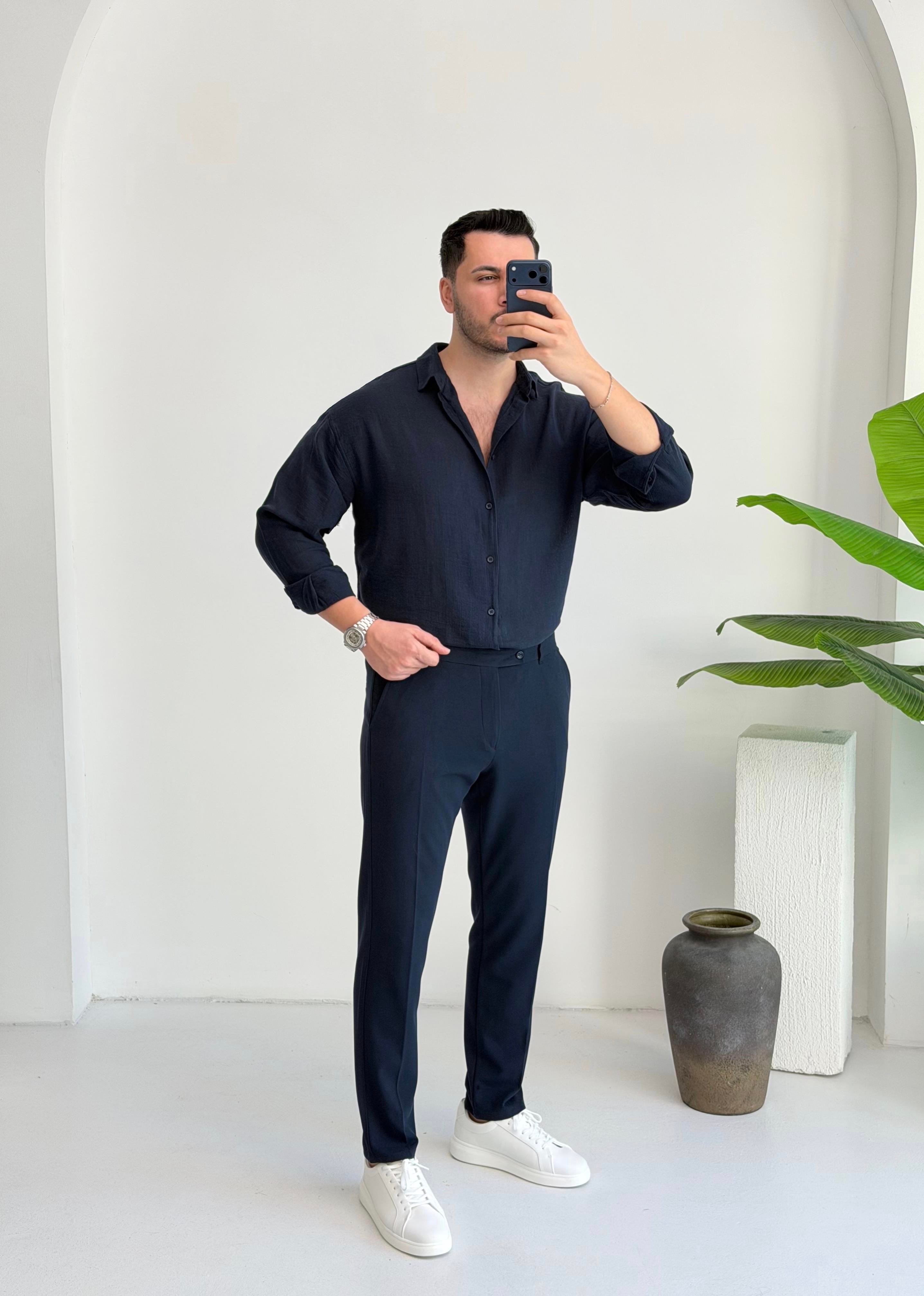 Ham Keten Lacivert Oversize Gömlek