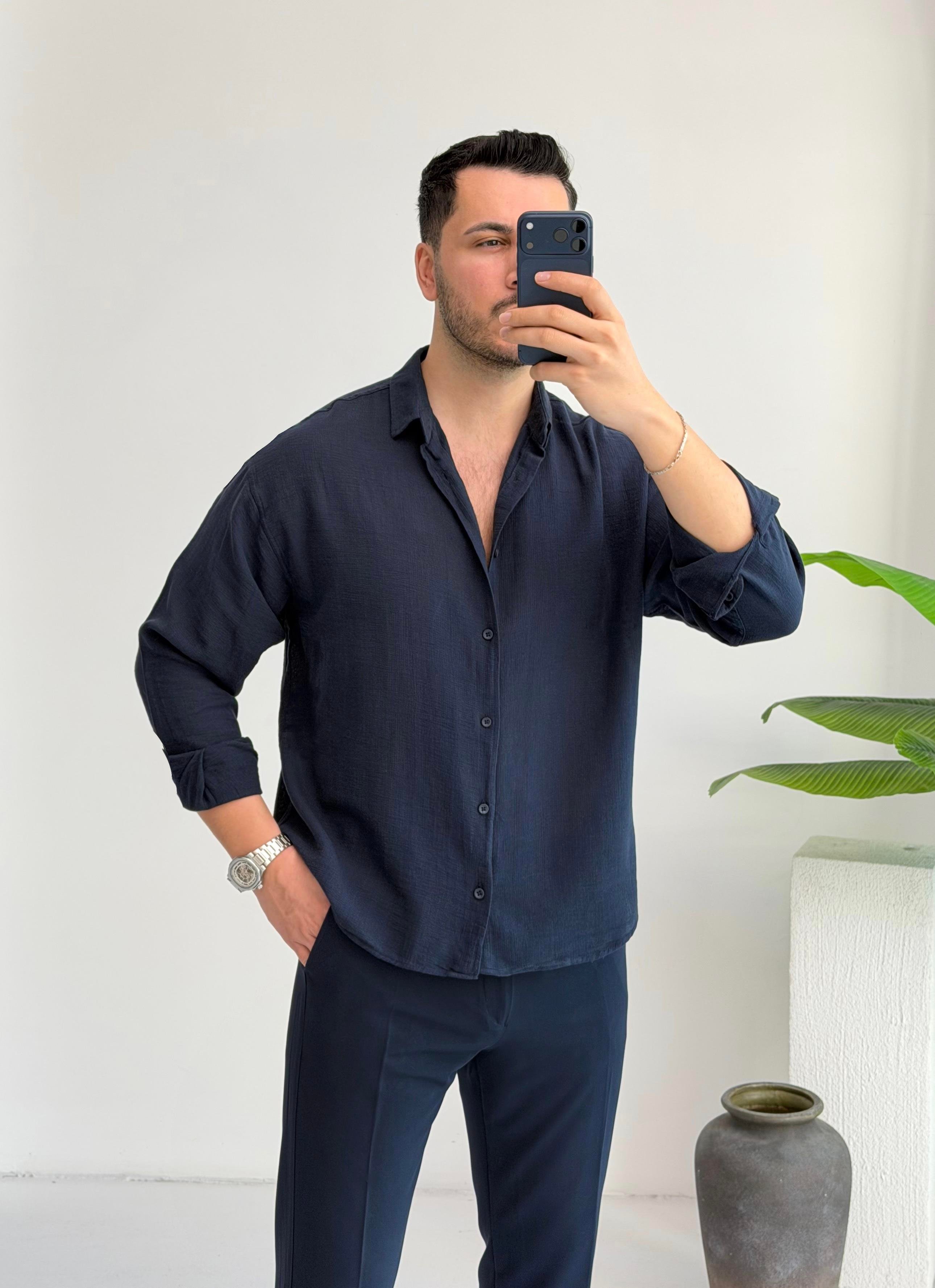 Ham Keten Lacivert Oversize Gömlek