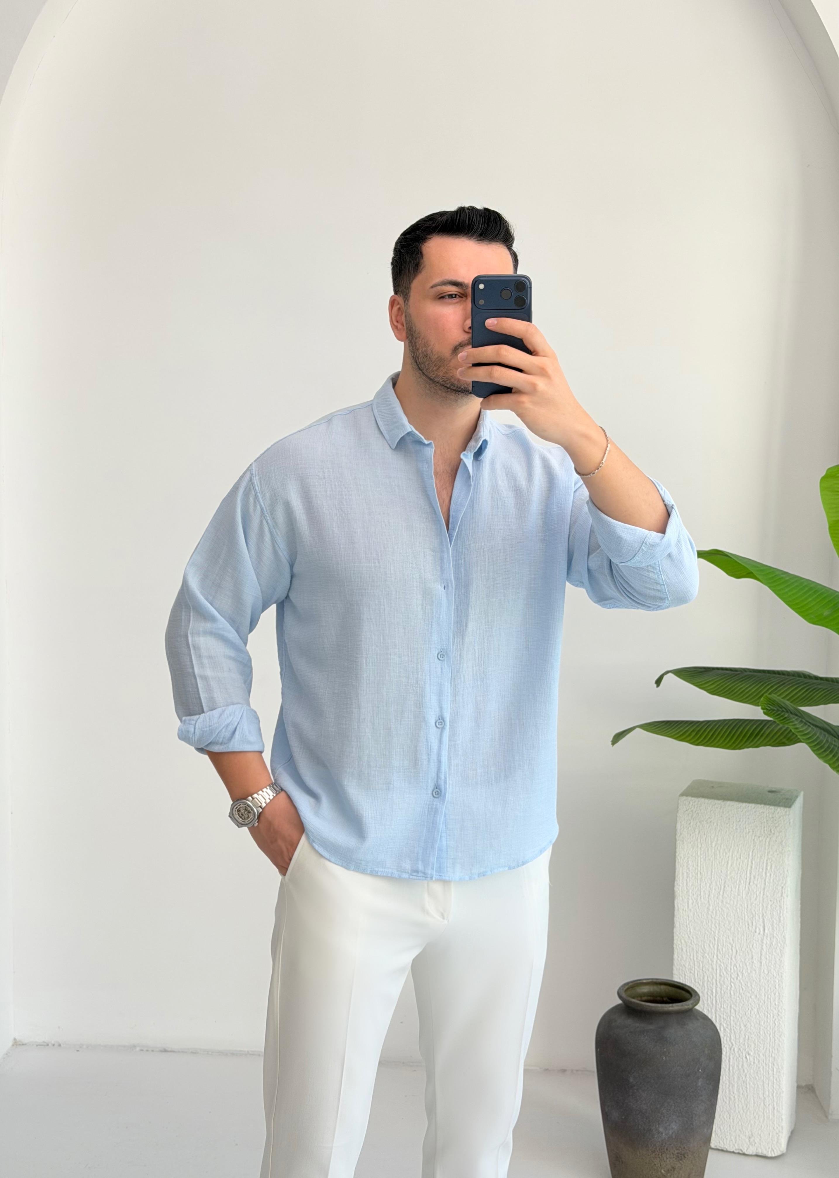 Ham Keten Mavi Oversize Gömlek