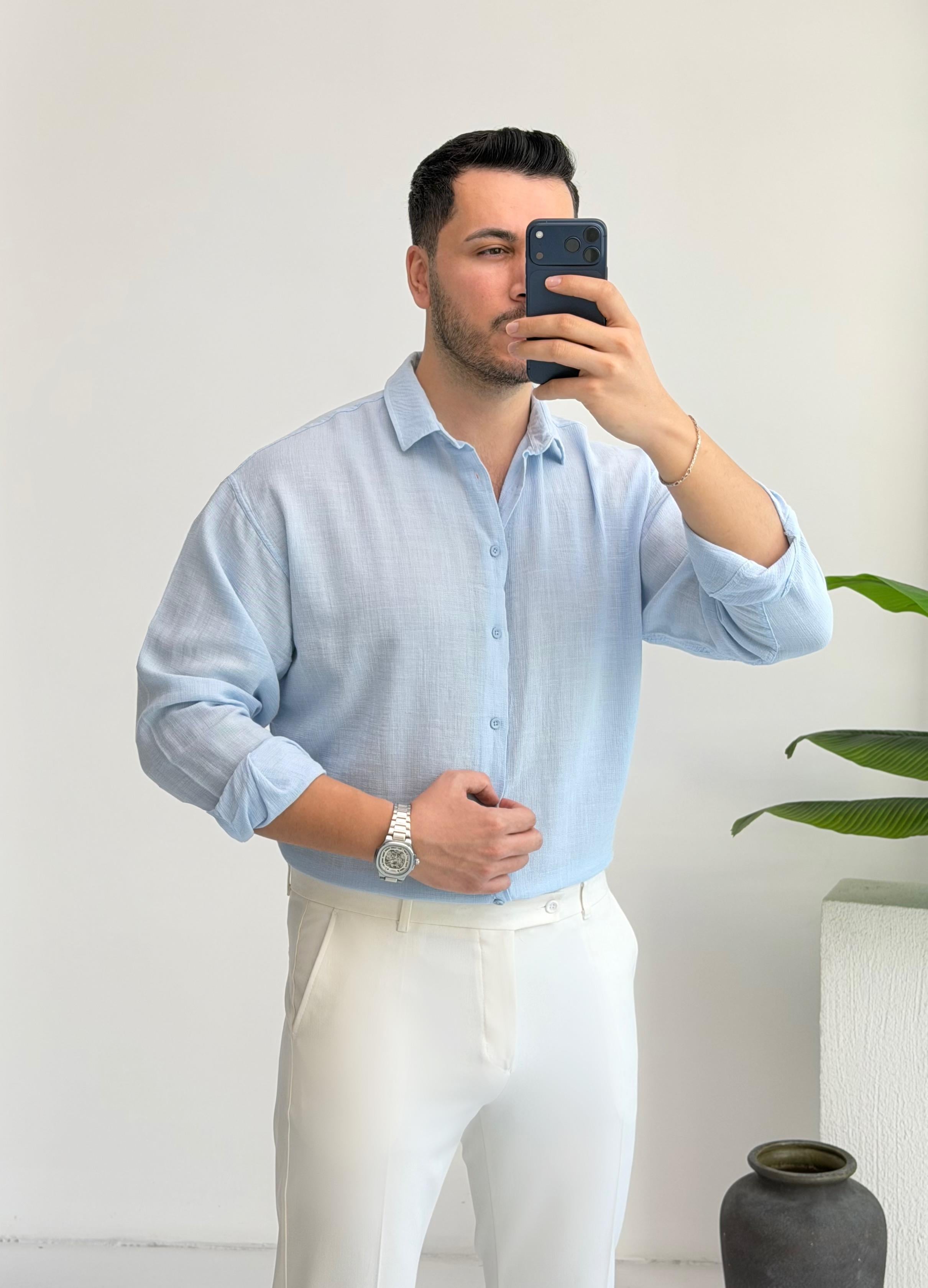 Ham Keten Mavi Oversize Gömlek