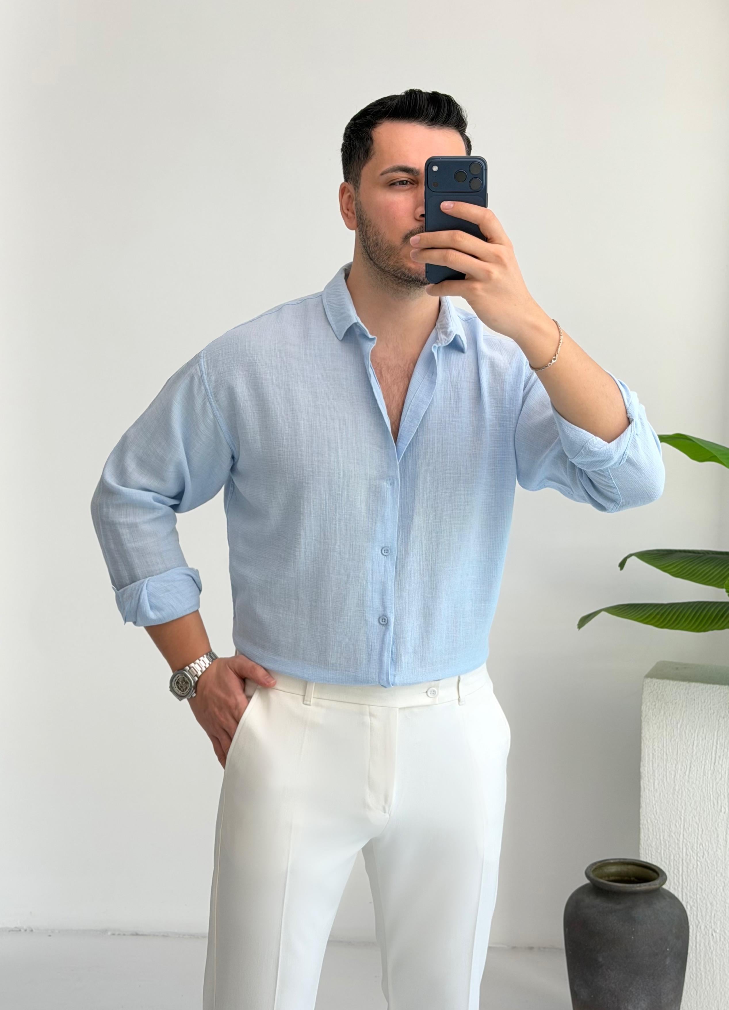 Ham Keten Mavi Oversize Gömlek