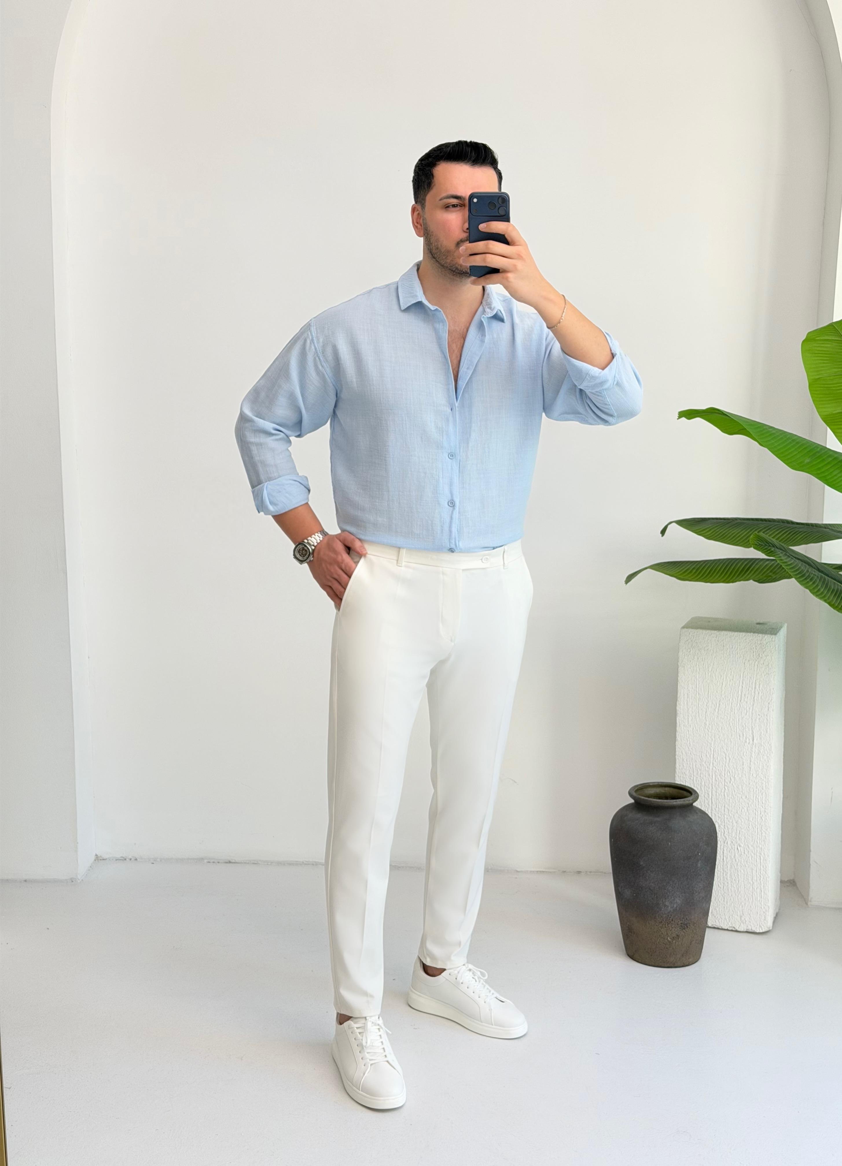 Ham Keten Mavi Oversize Gömlek