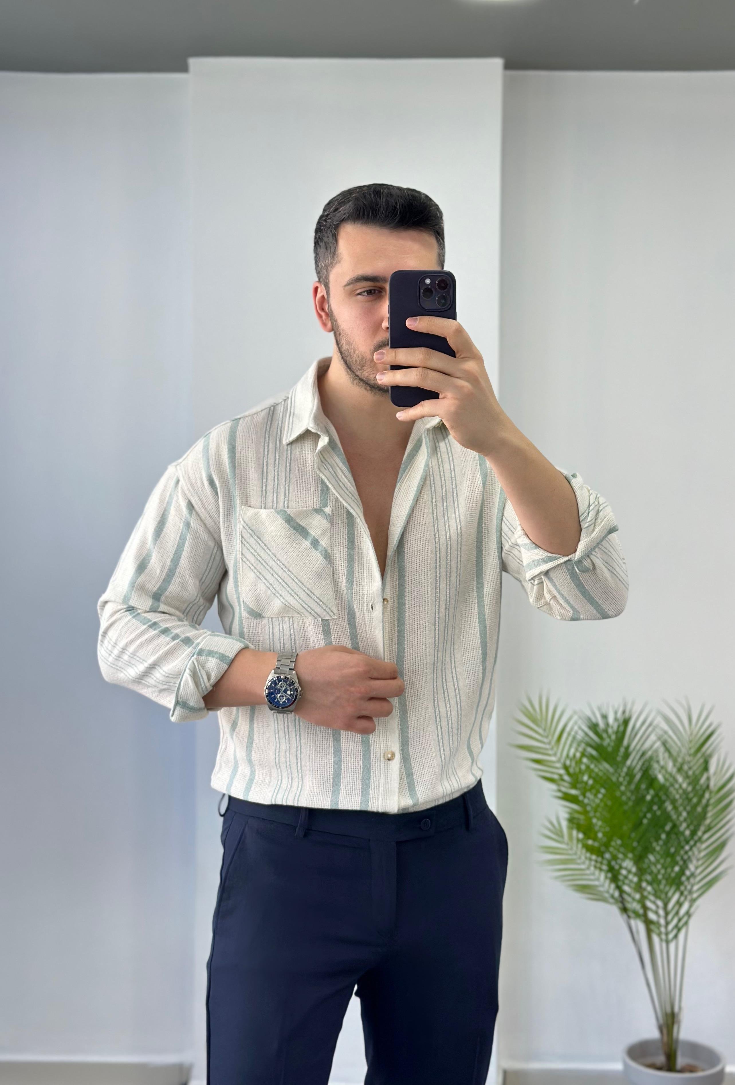 Ham Keten Mint Çizgili Oversize Gömlek