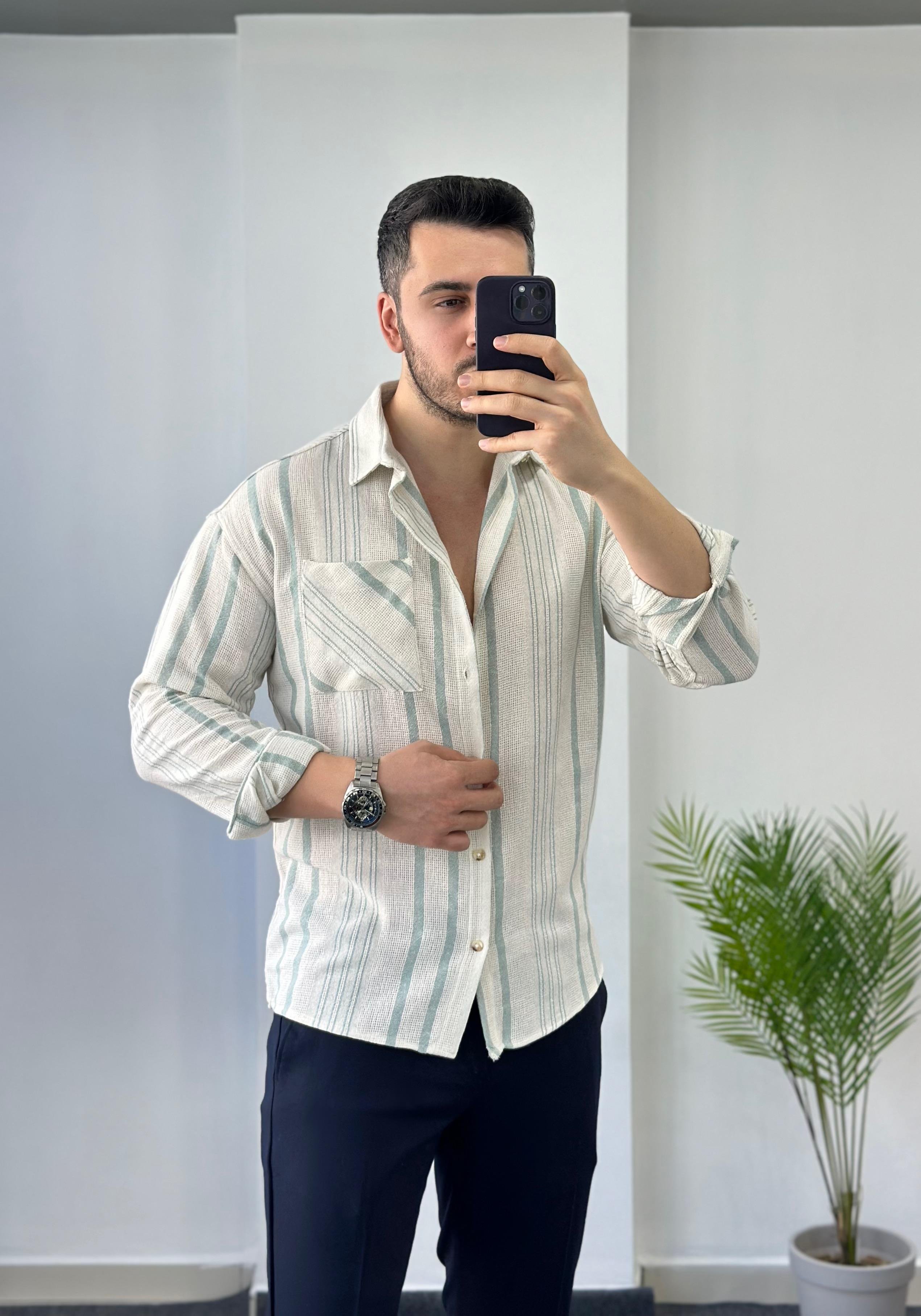 Ham Keten Mint Çizgili Oversize Gömlek