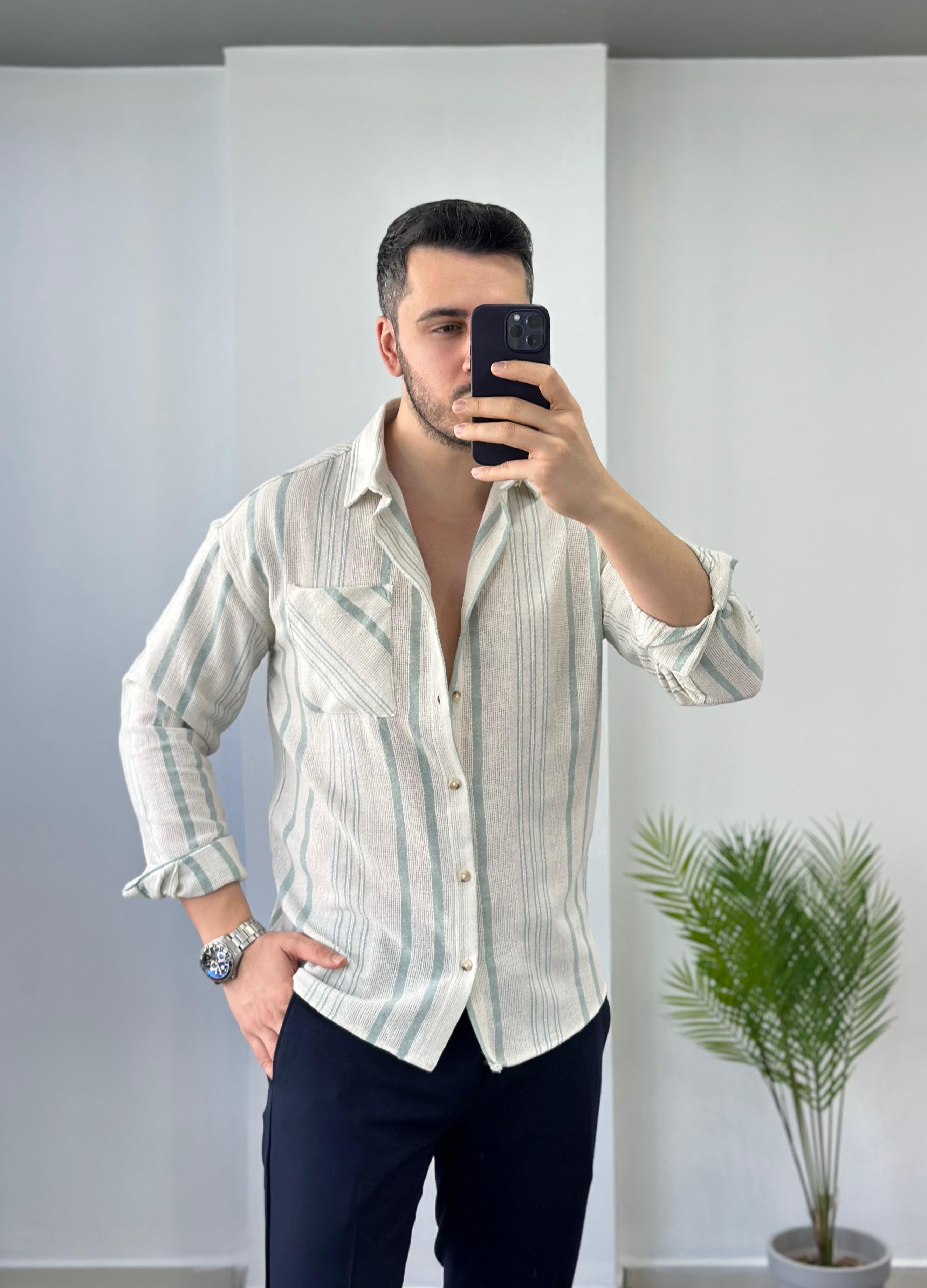 Ham Keten Mint Çizgili Oversize Gömlek