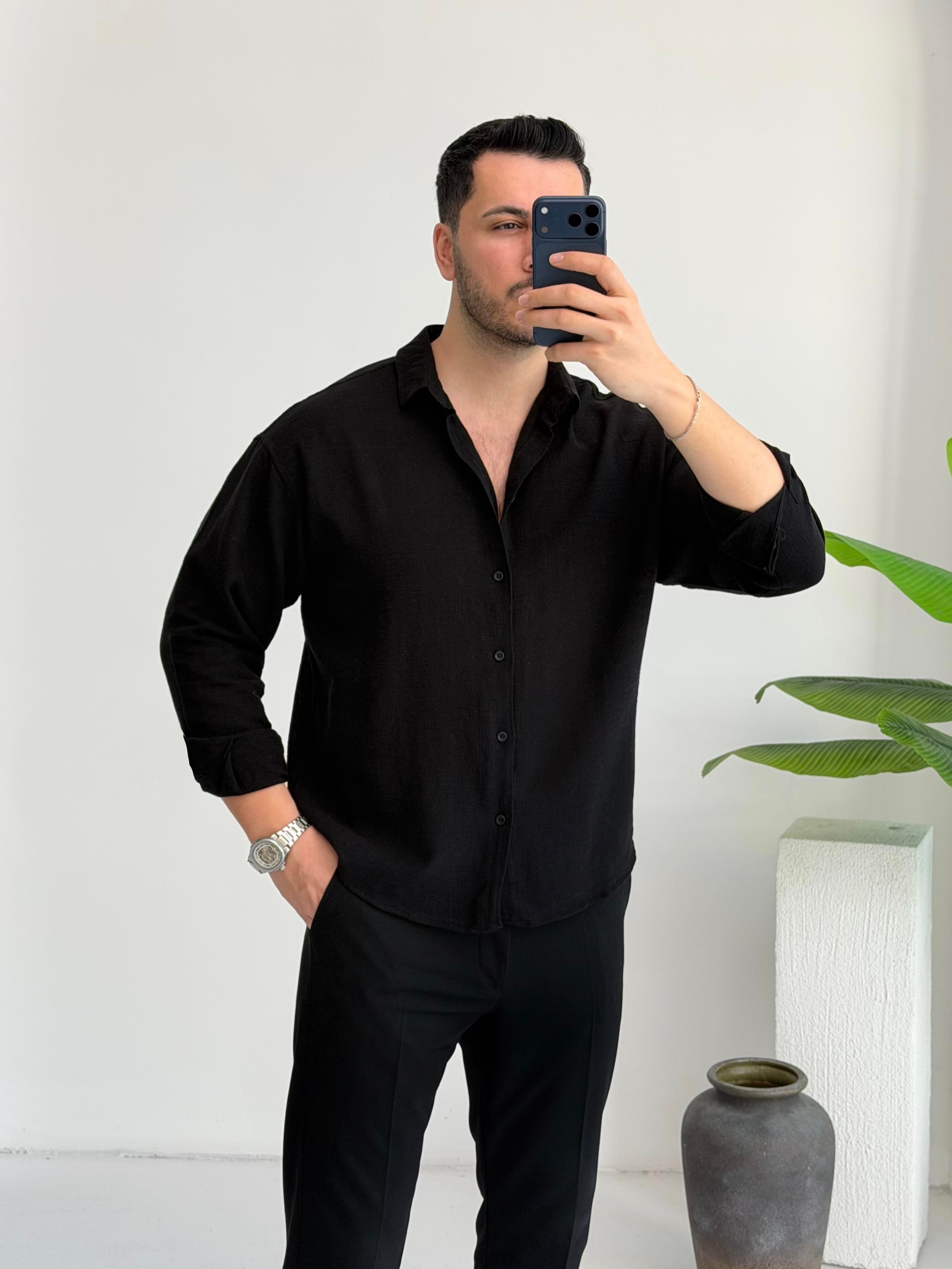 Ham Keten Siyah Oversize Gömlek