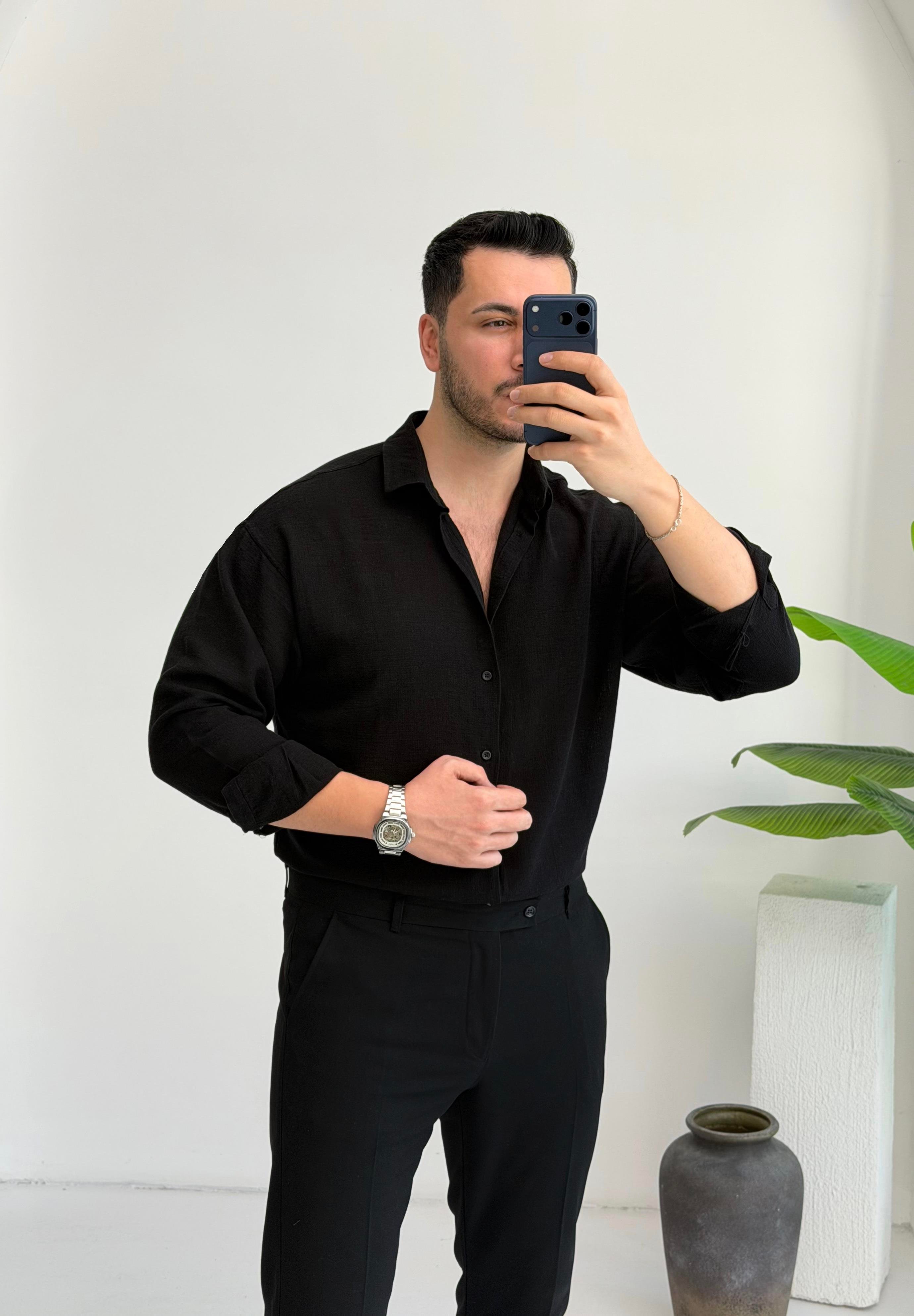 Ham Keten Siyah Oversize Gömlek