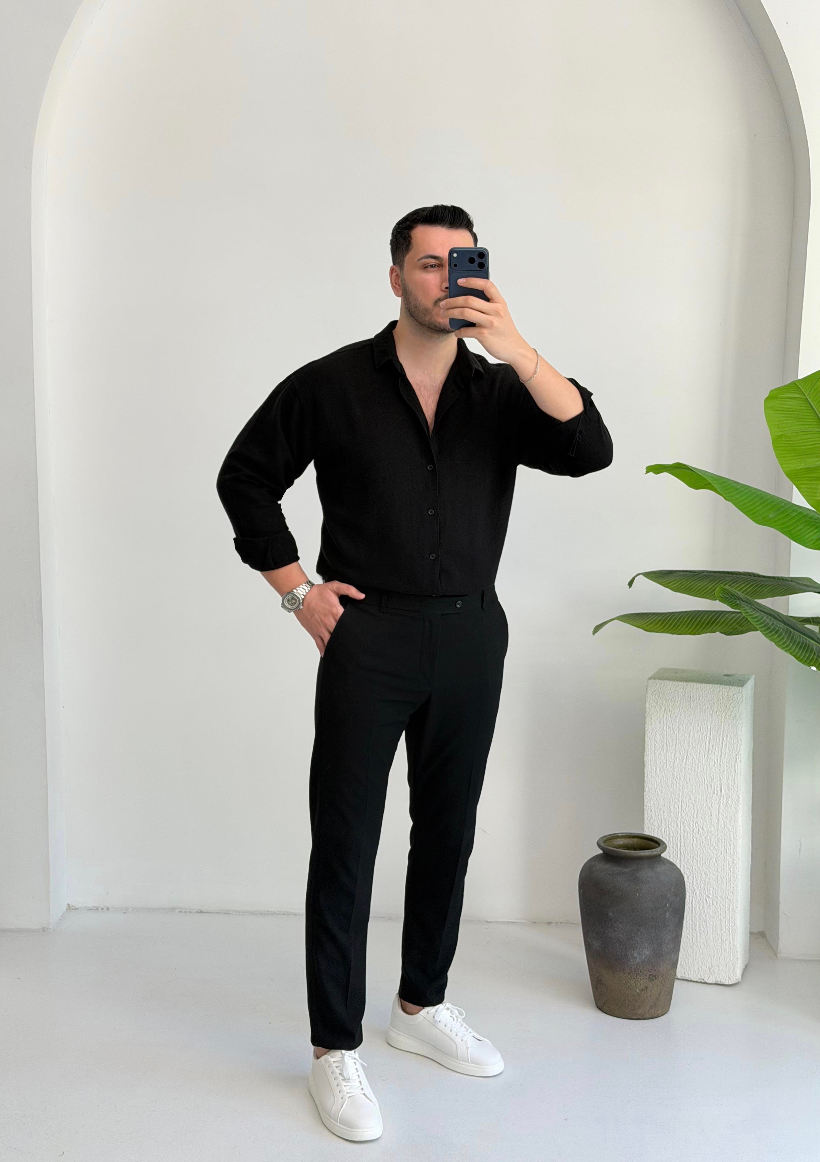 Ham Keten Siyah Oversize Gömlek