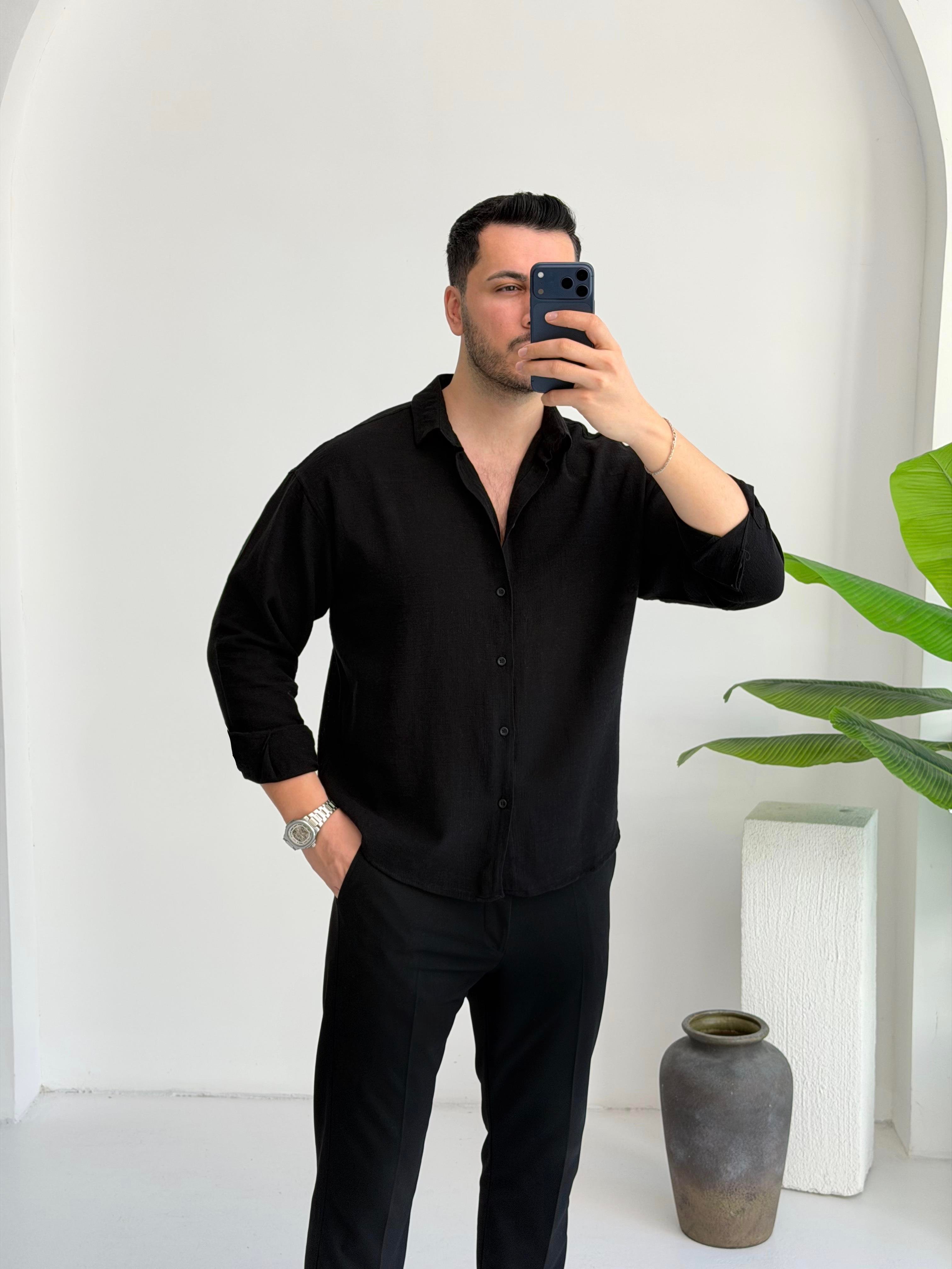 Ham Keten Siyah Oversize Gömlek