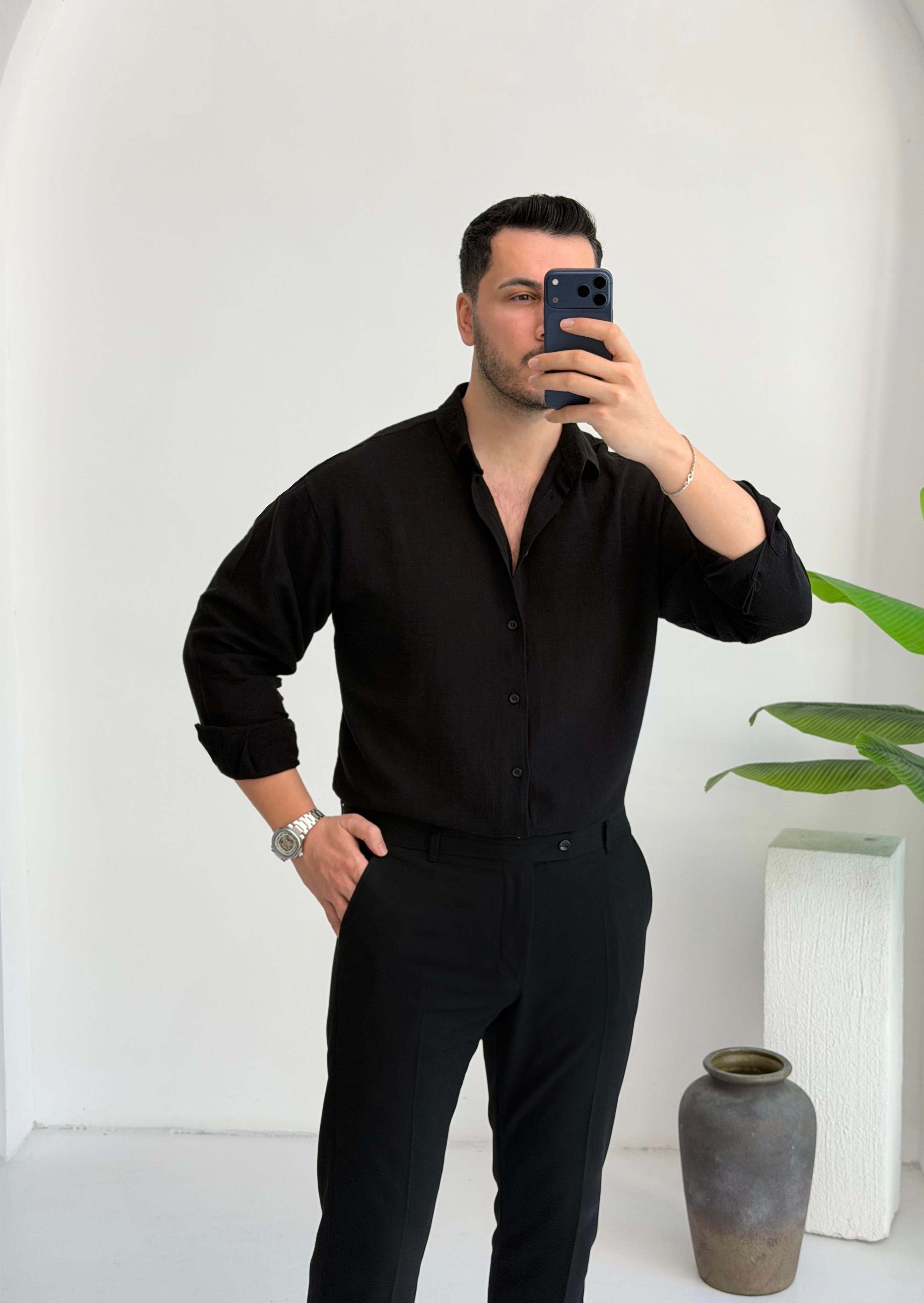 Ham Keten Siyah Oversize Gömlek