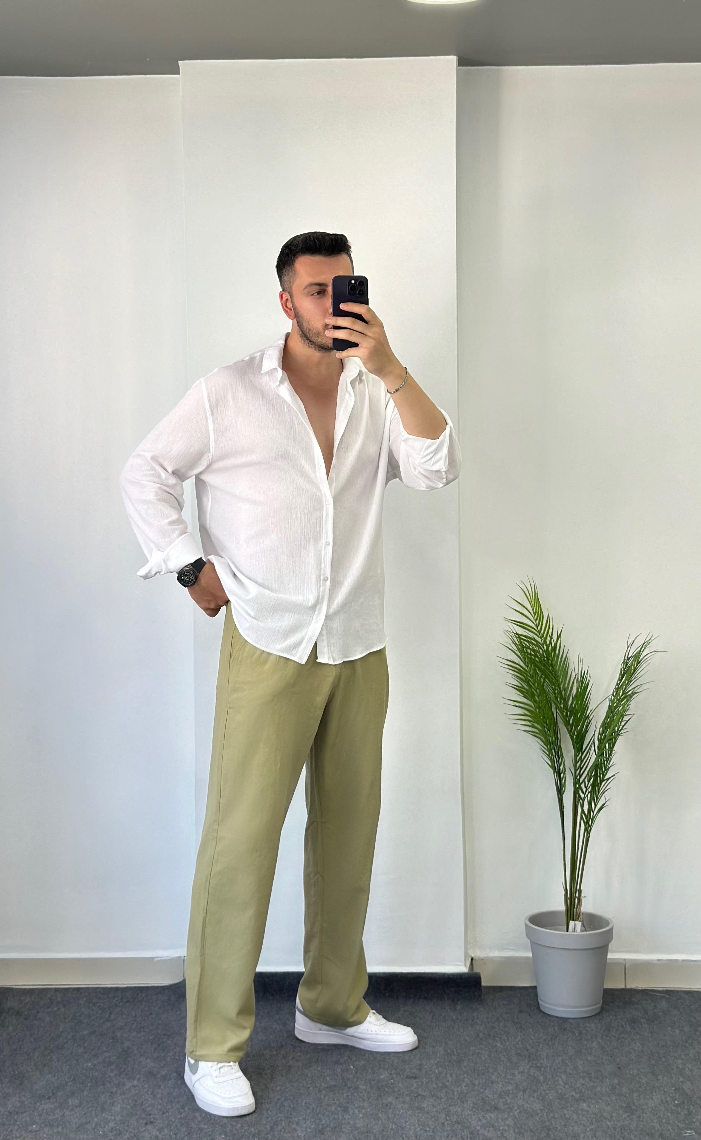Ham Keten Yeşil Baggy Pantolon 