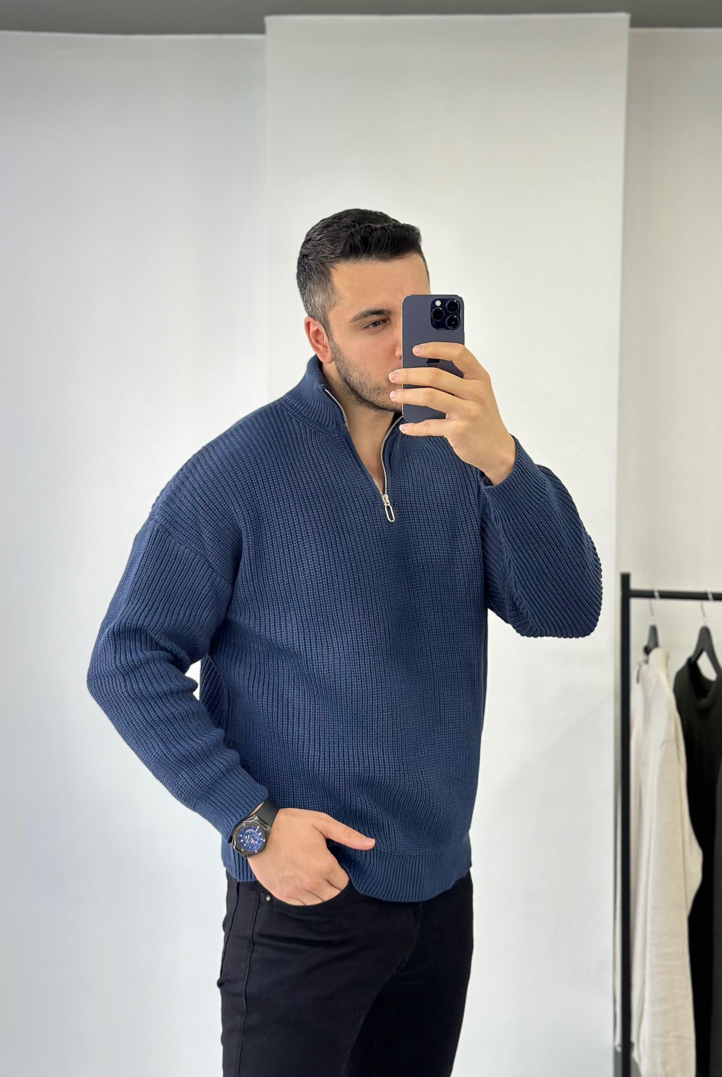 İndigo Fermuarlı Oversize Kazak