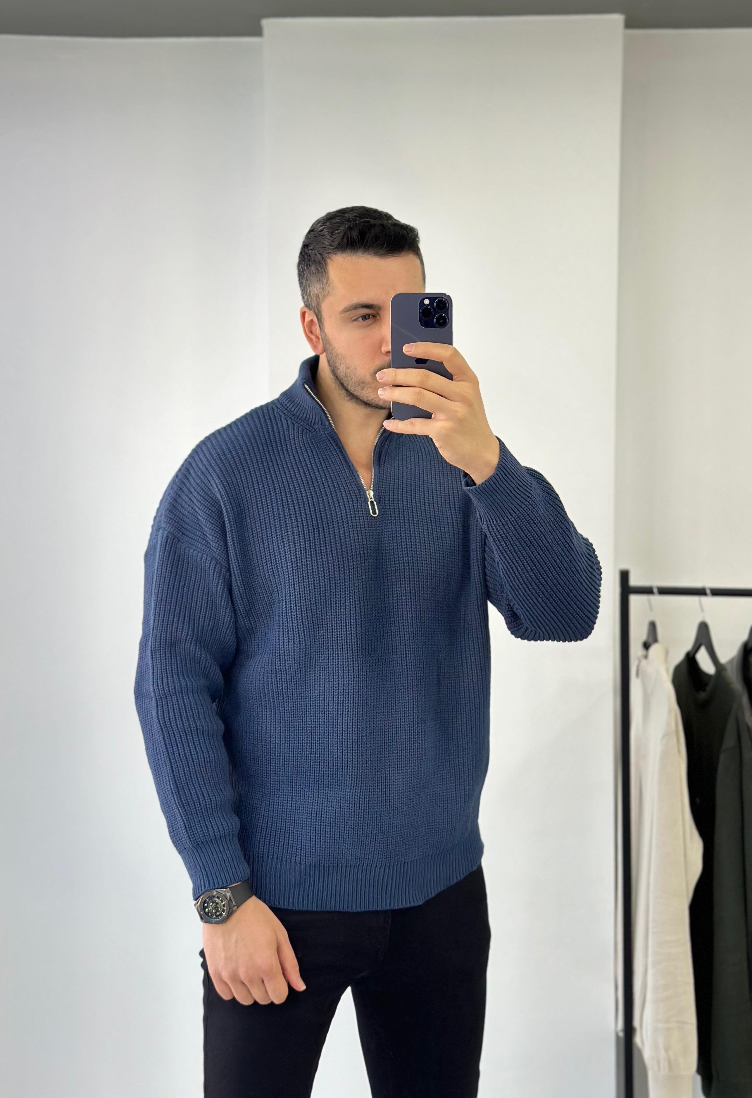 İndigo Fermuarlı Oversize Kazak