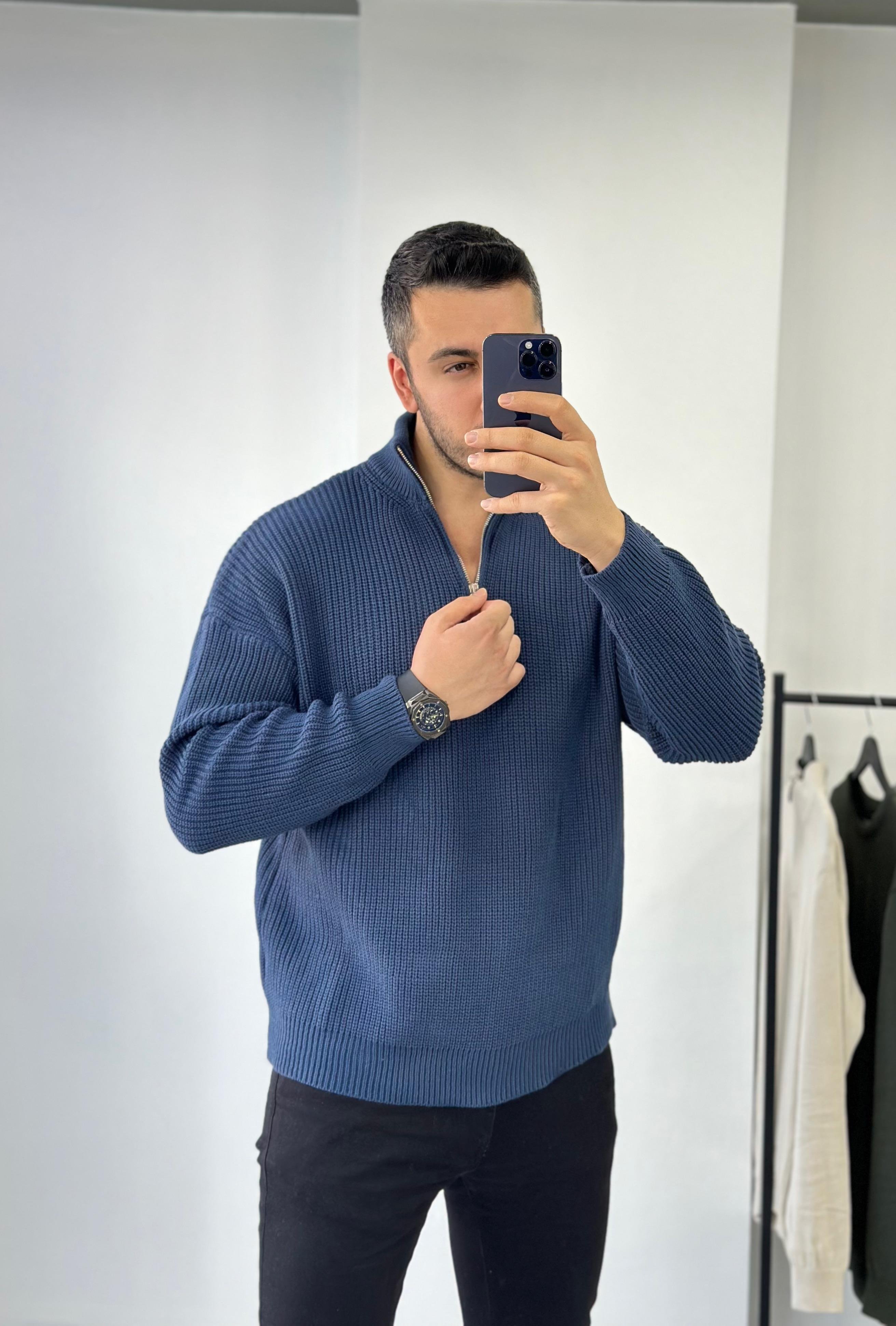 İndigo Fermuarlı Oversize Kazak