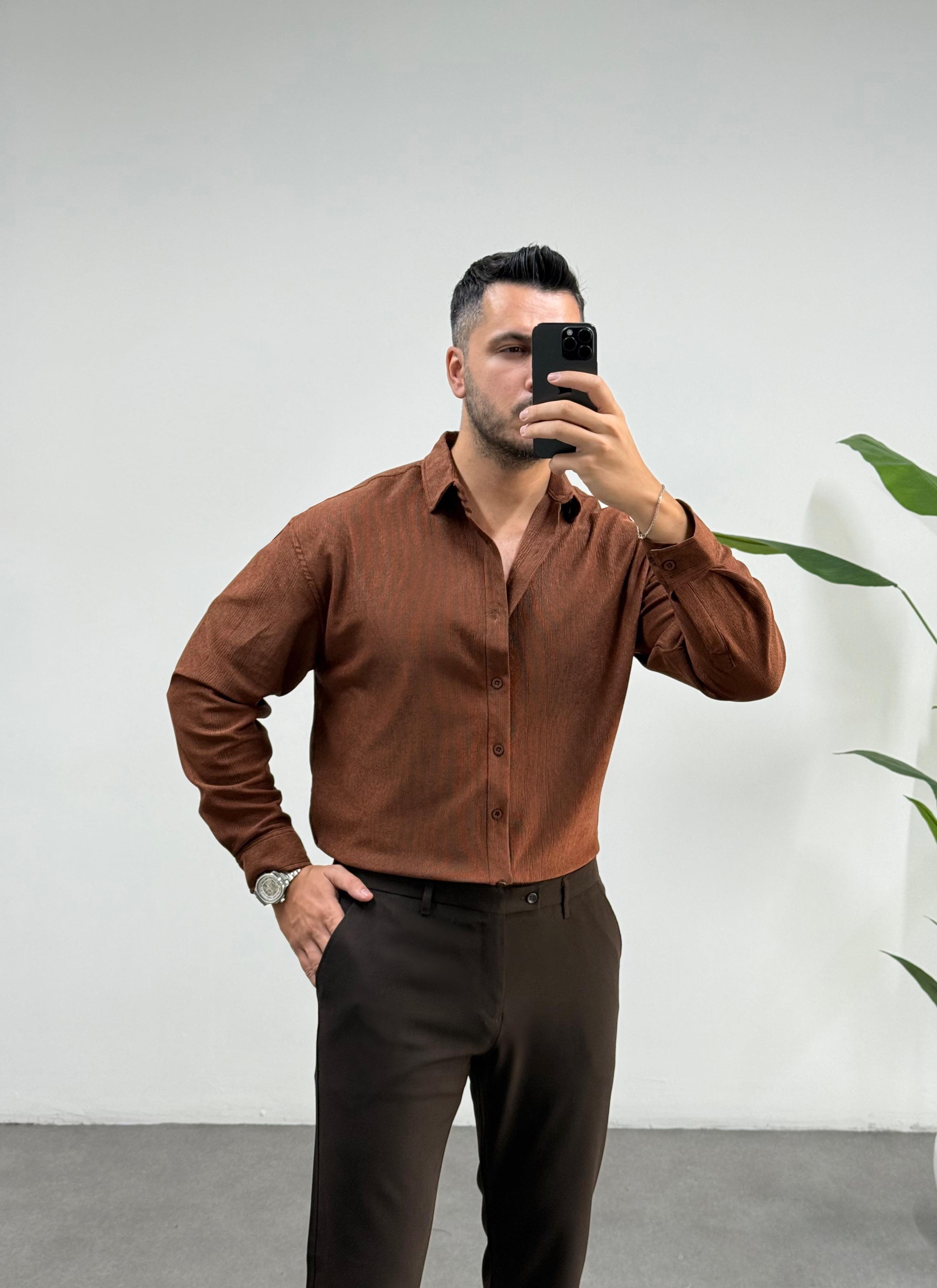 İpek Kadife Kahve Oversize Gömlek 