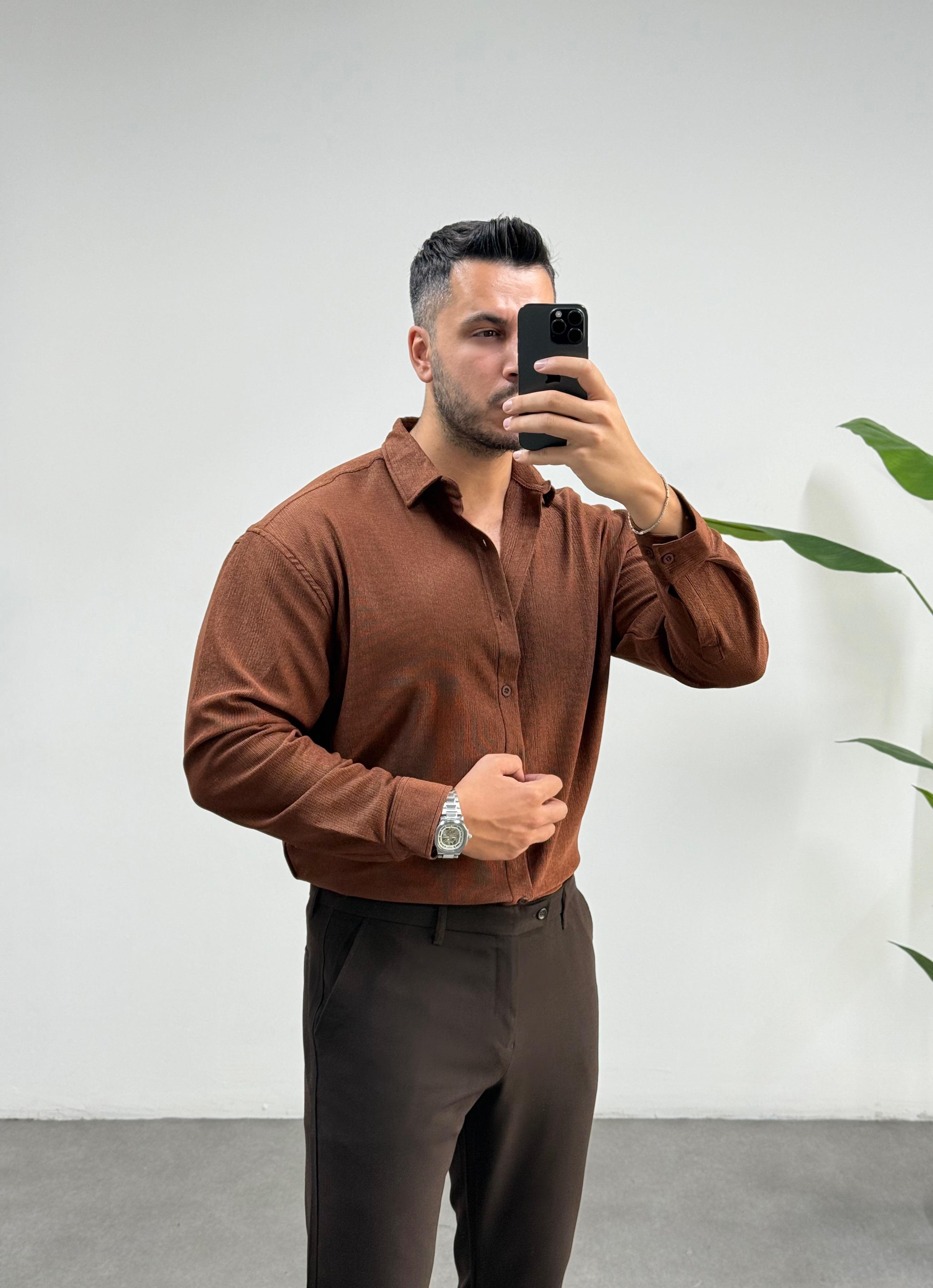 İpek Kadife Kahve Oversize Gömlek 