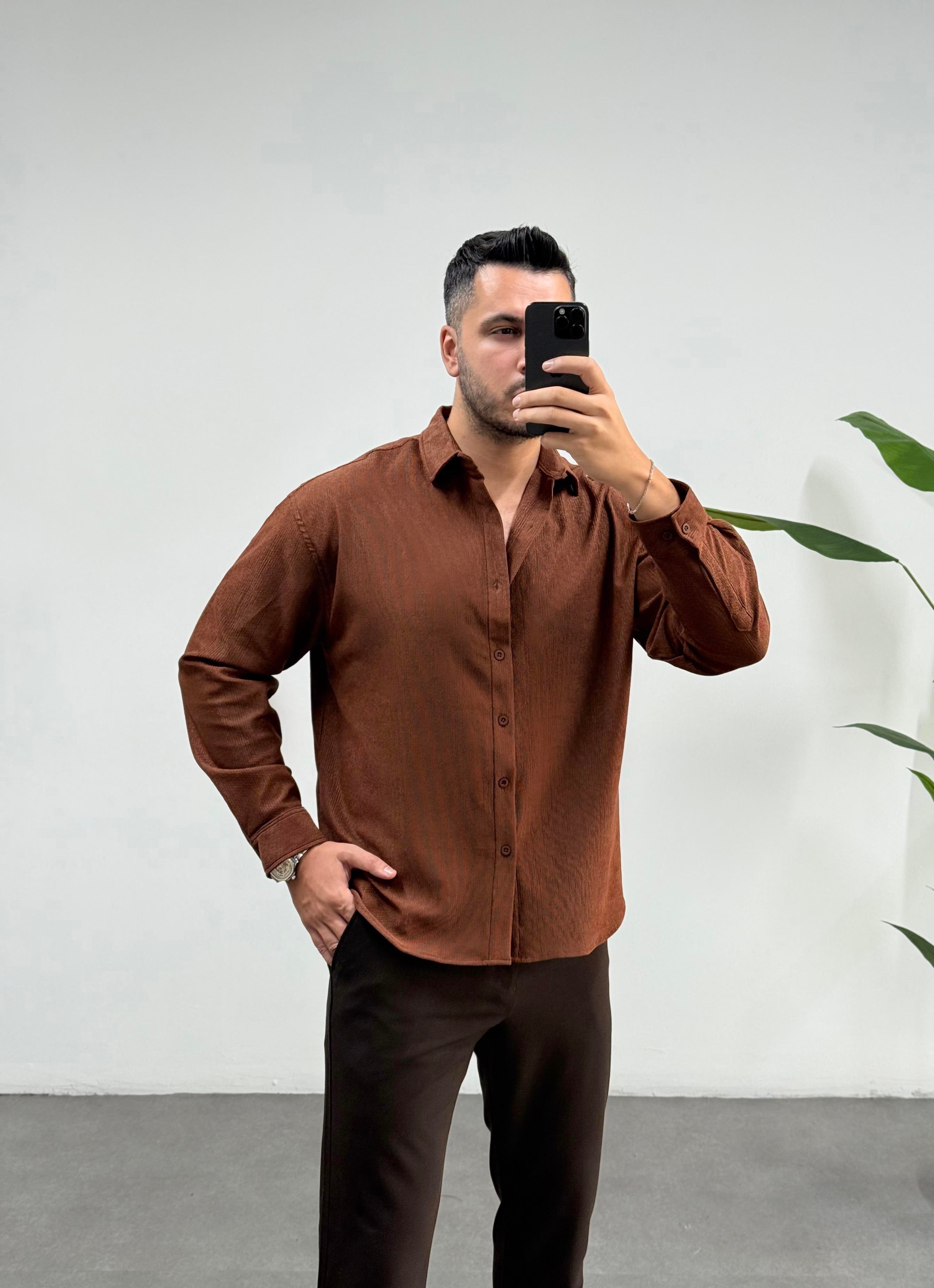İpek Kadife Kahve Oversize Gömlek 