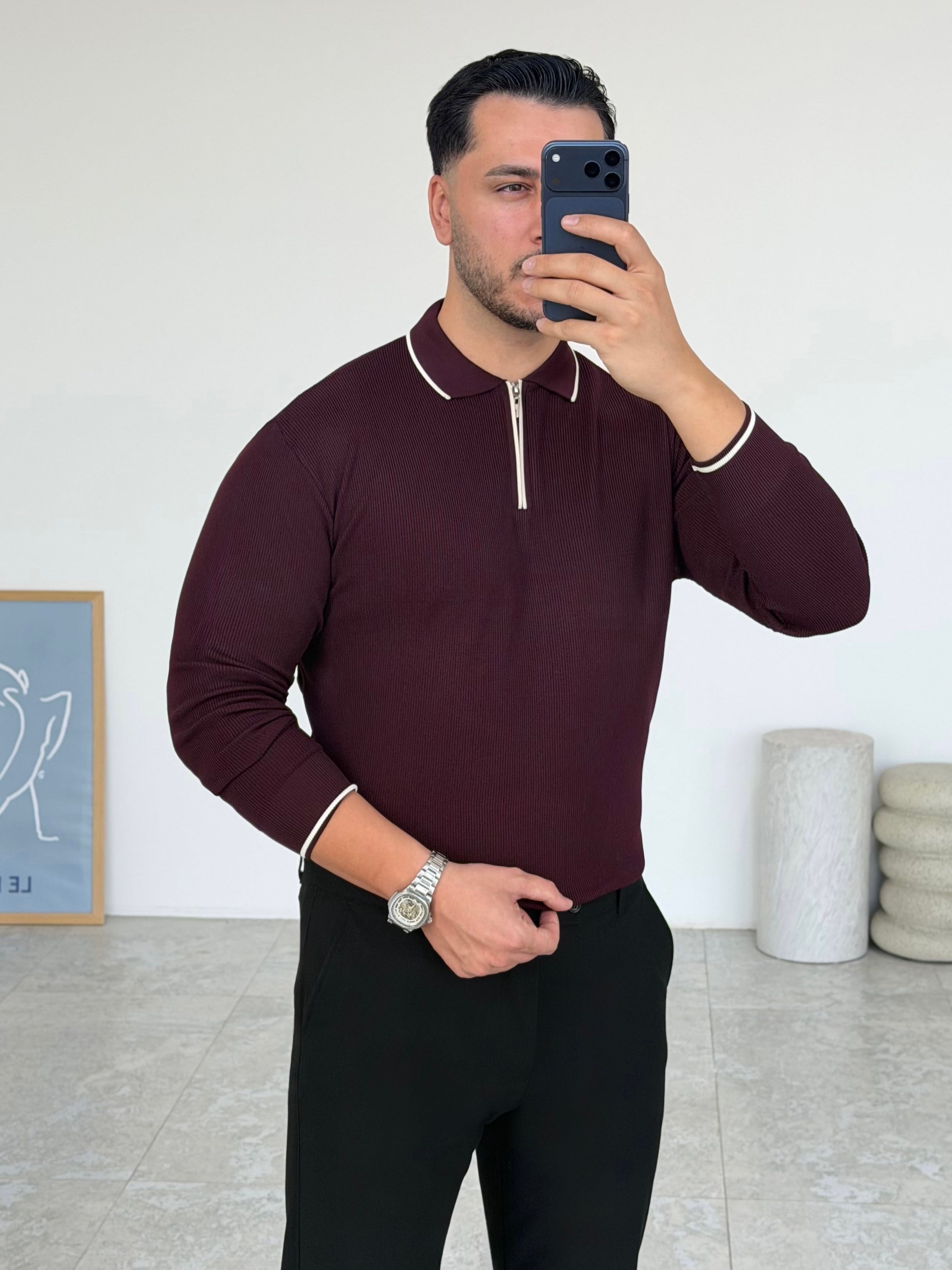 Jesou Yaka Detay Fermuarlı Bordo Triko