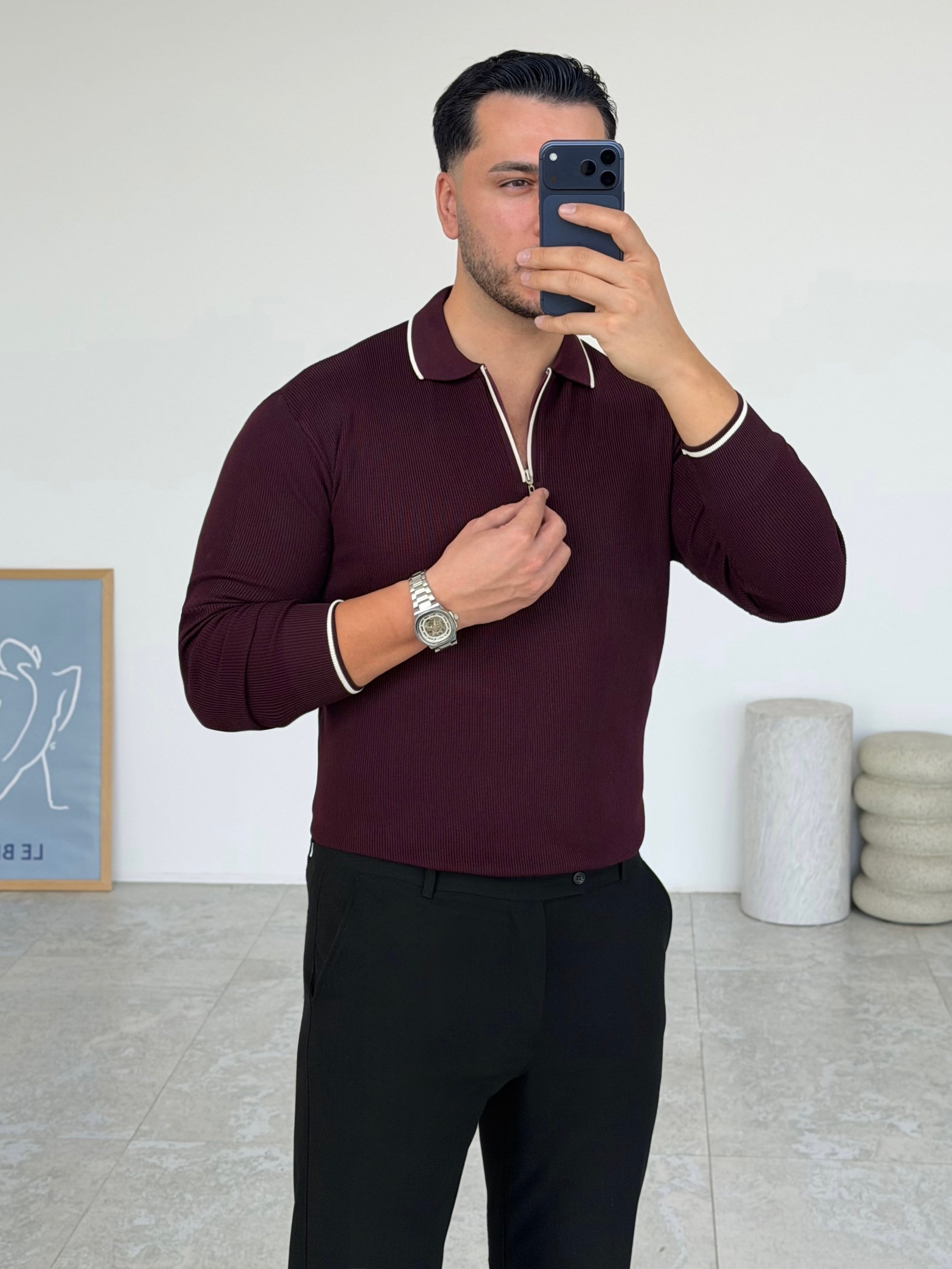 Jesou Yaka Detay Fermuarlı Bordo Triko