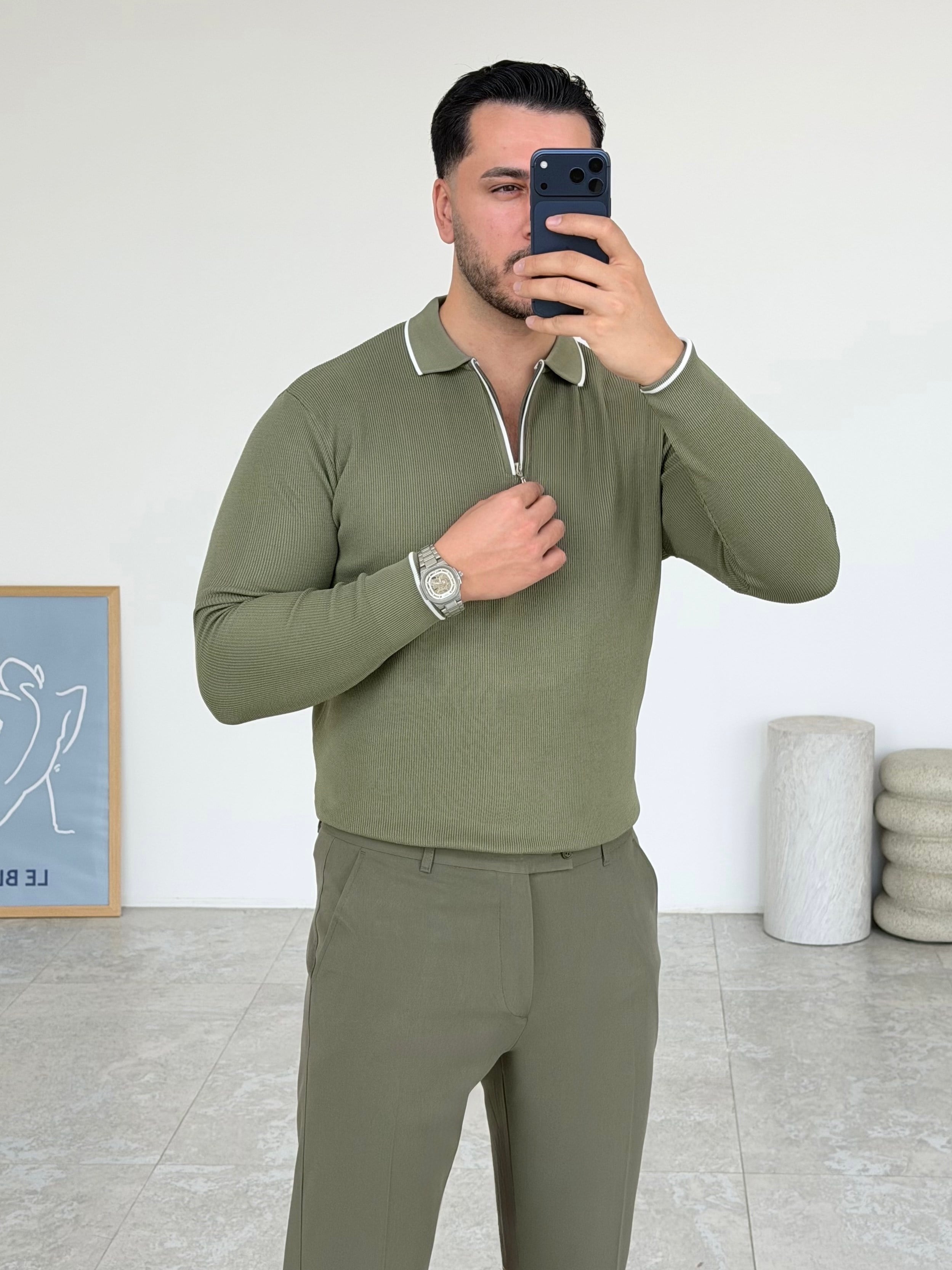 Jesou Yaka Detay Fermuarlı Haki Triko
