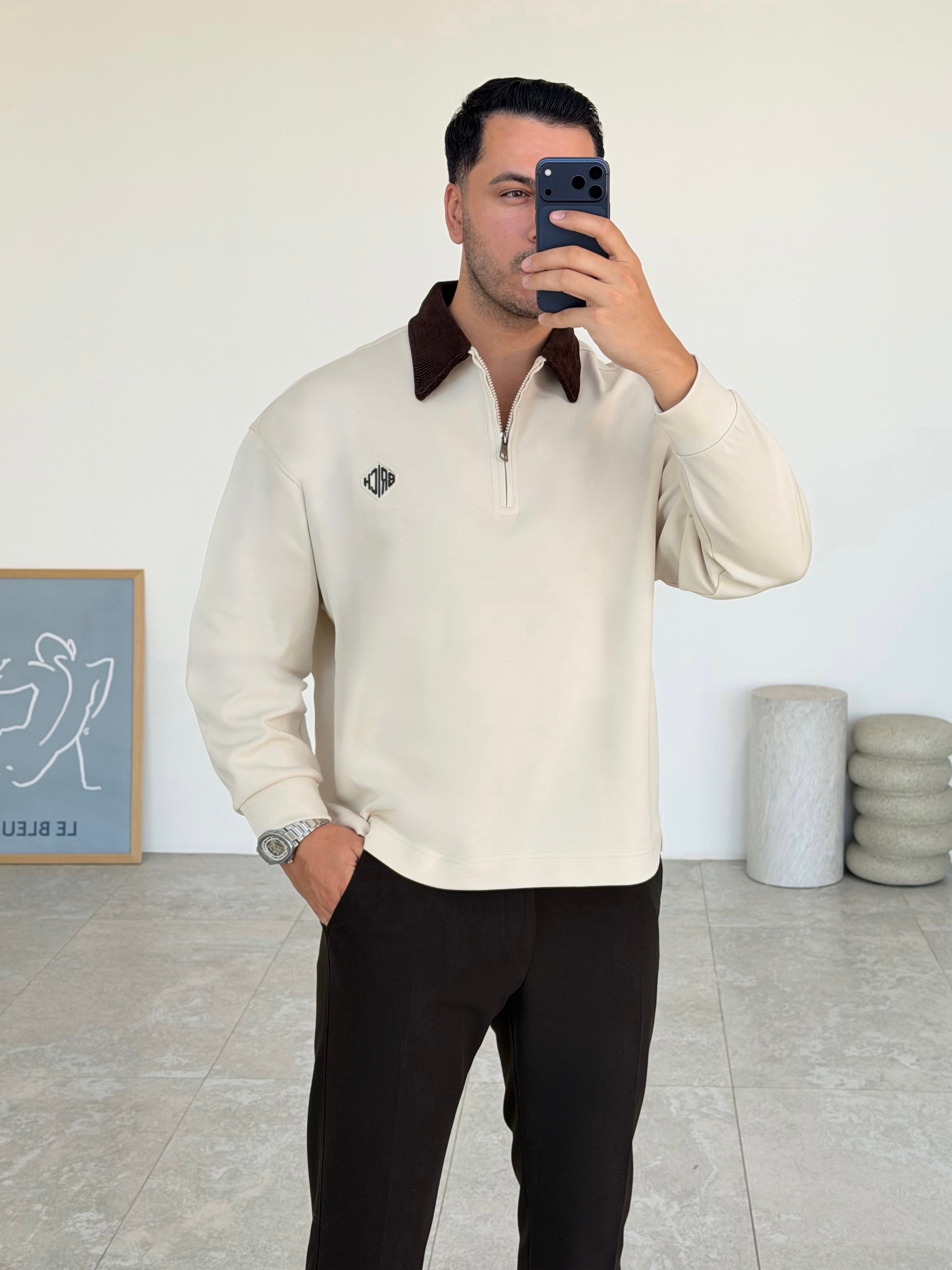 Kadife Yaka Bej Sweat
