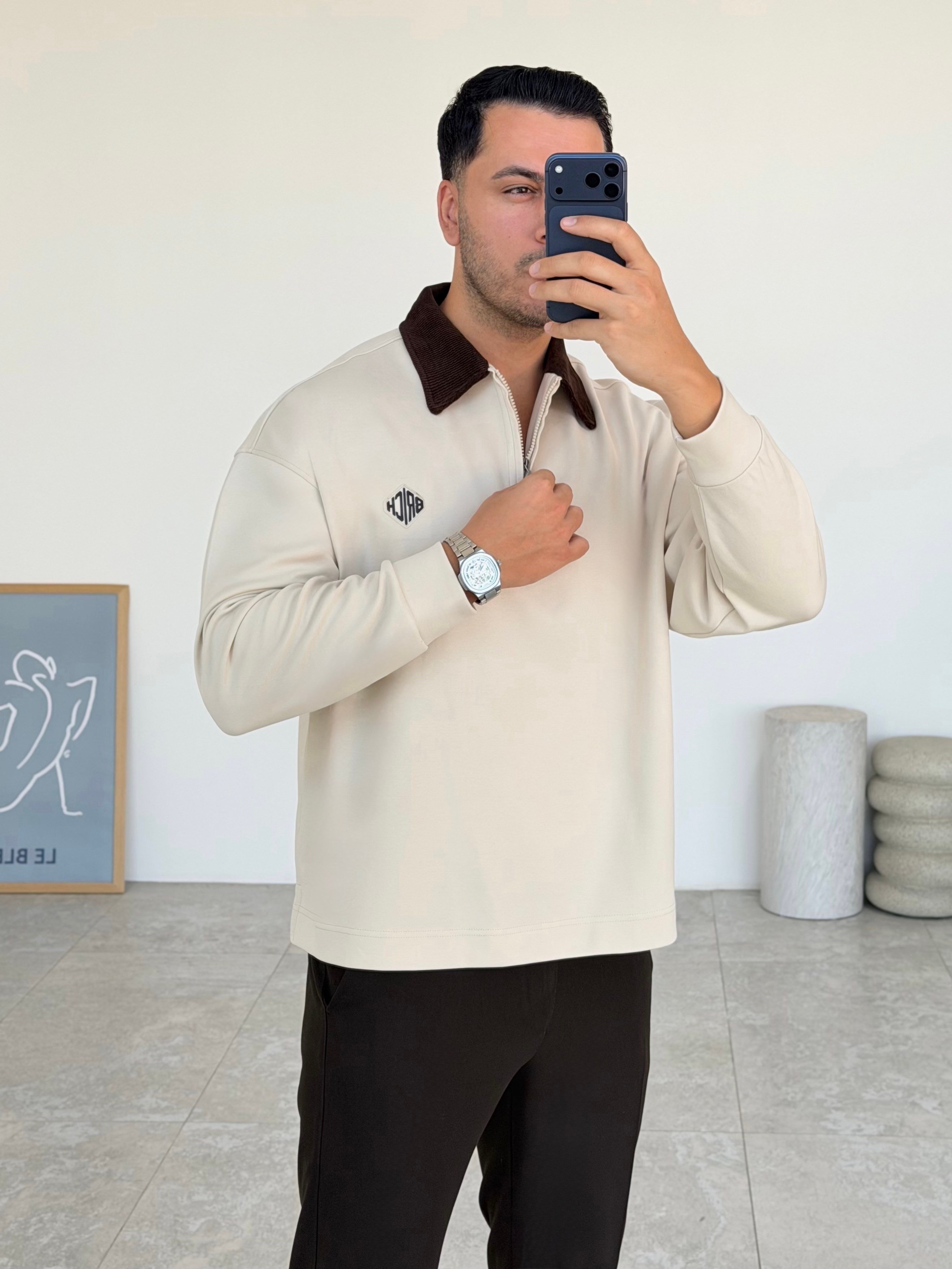 Kadife Yaka Bej Sweat
