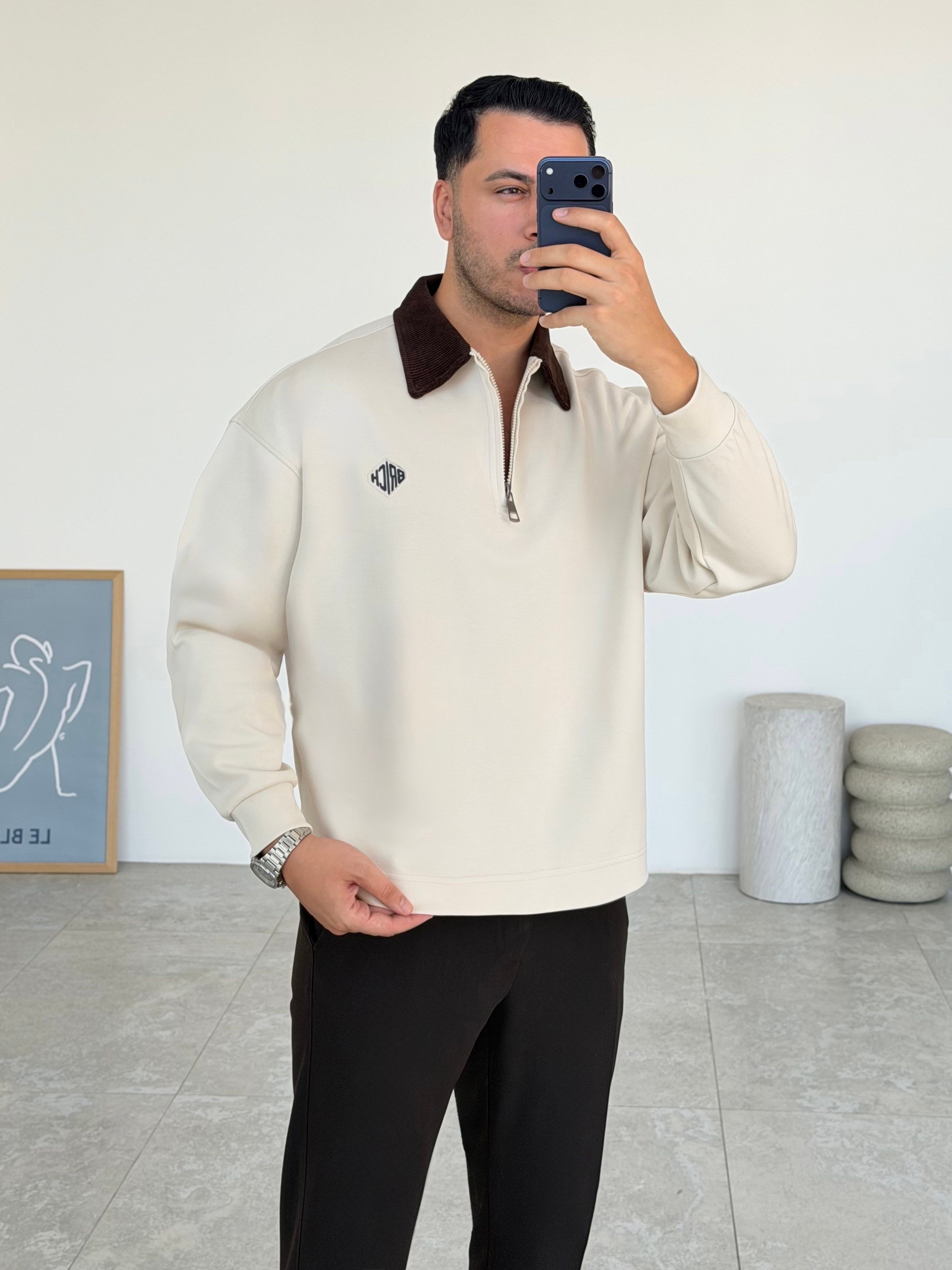 Kadife Yaka Bej Sweat