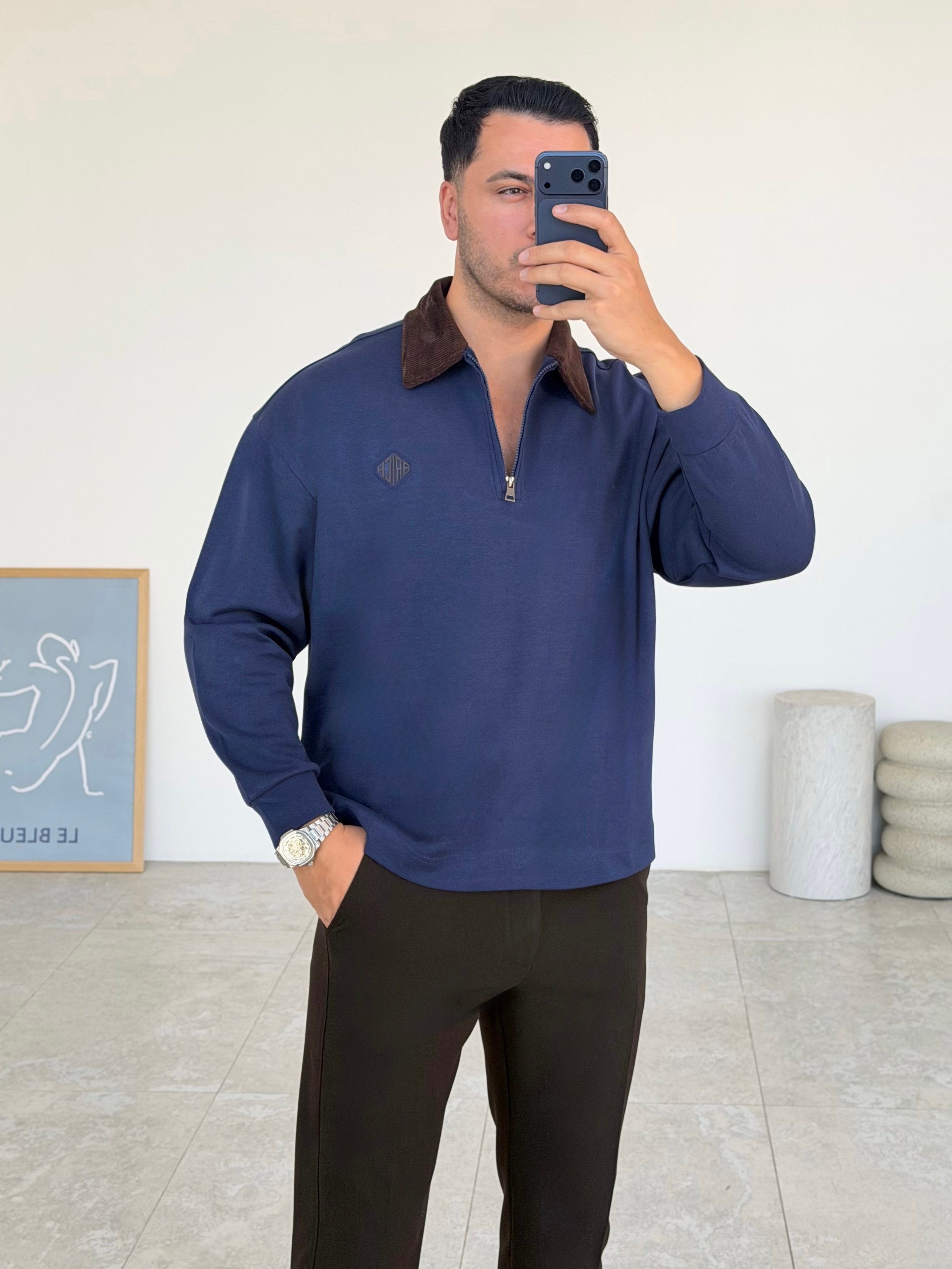 Kadife Yaka Lacivert Sweat