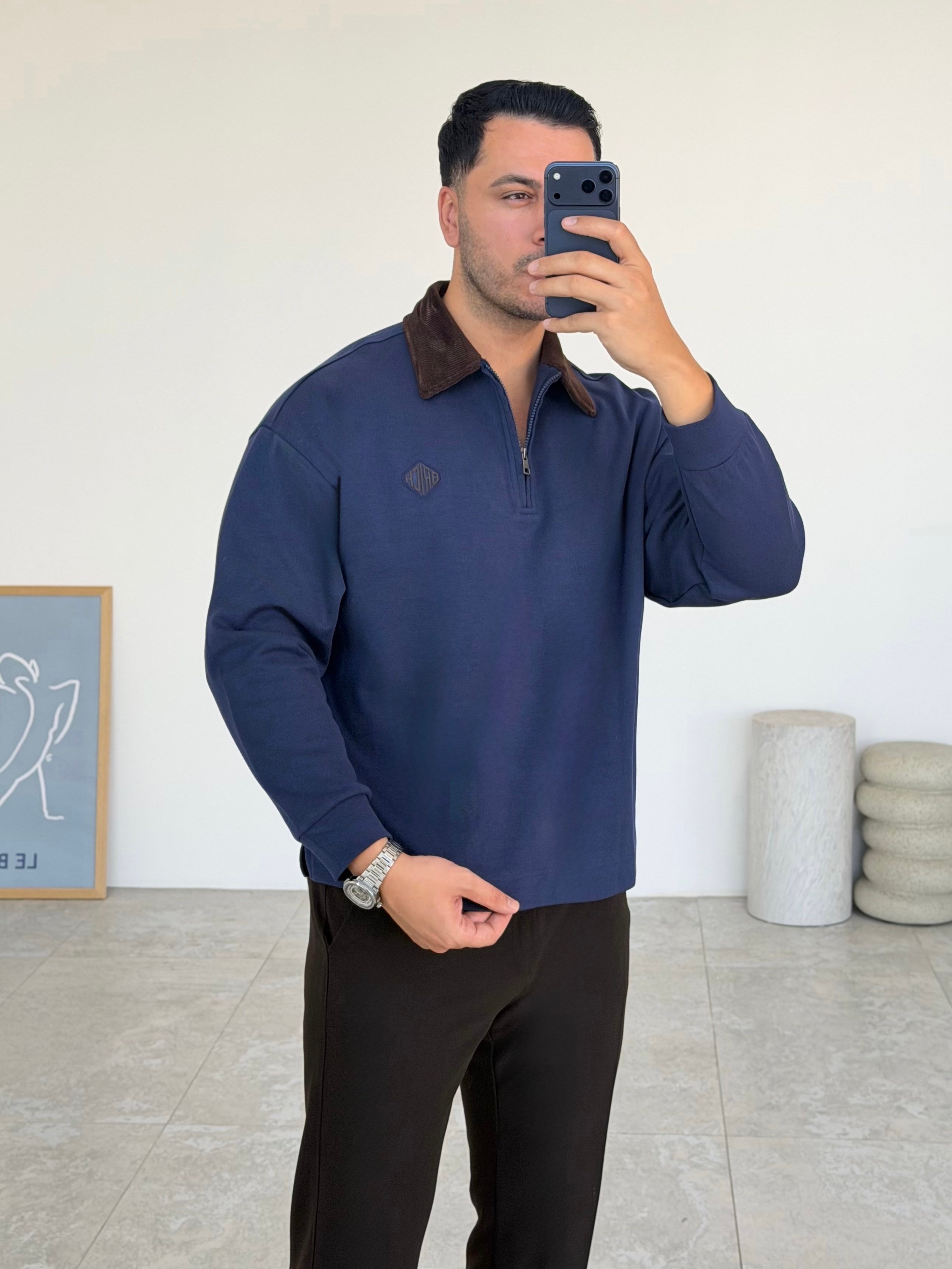 Kadife Yaka Lacivert Sweat