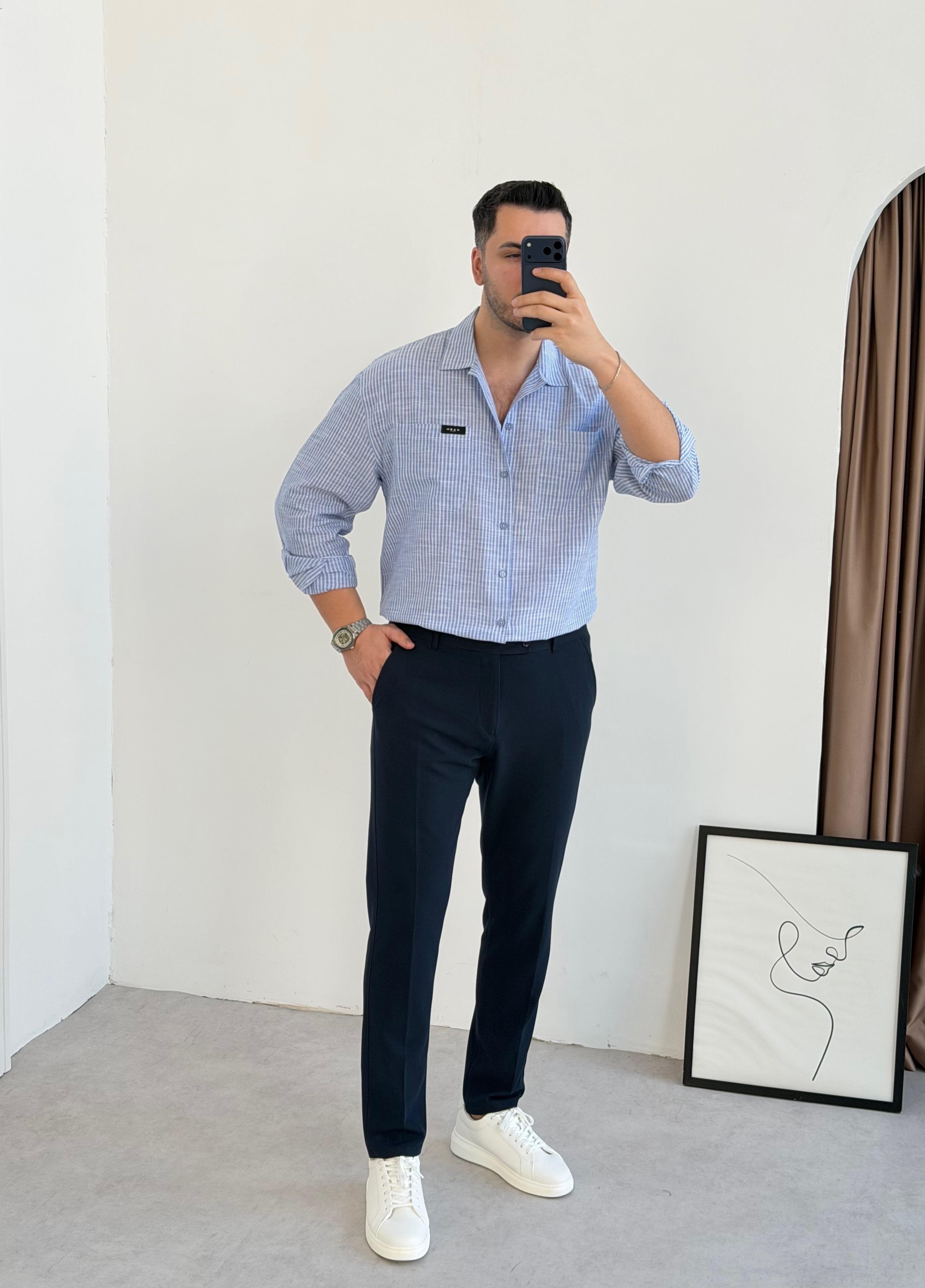 Kaen Cepli Mavi Çizgili Oversize Gömlek